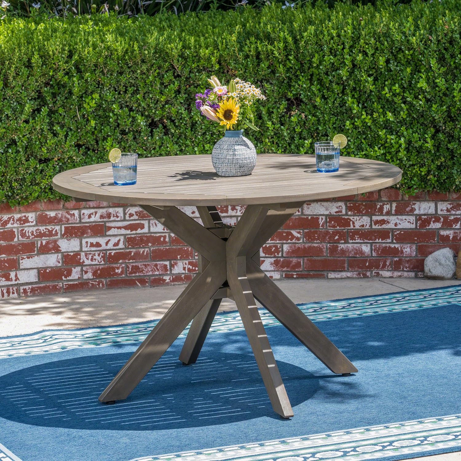 Christopher Knight Home 305060 Stanford Outdoor Round Acacia Wood Dining Table with X Base, Gray Finish : Garden & Outdoor