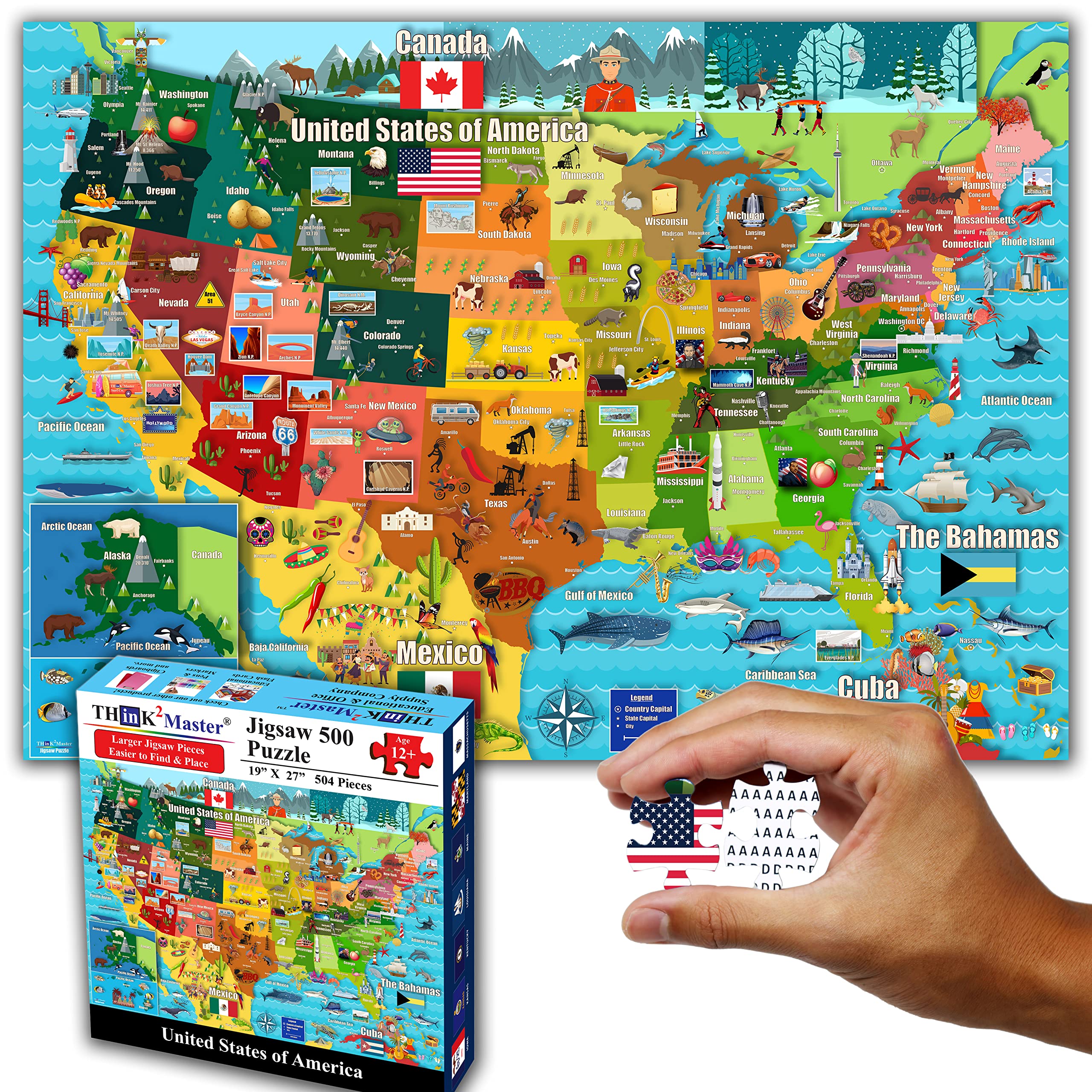 Photo 1 of Think2Master Colorful United States Map 500 Pieces Large Format Jigsaw Puzzle for Kids 12+, Teens, Adults & Families. Great Gift for stimulating Interest in The USA Map. Size: 26.8” X 18.9”