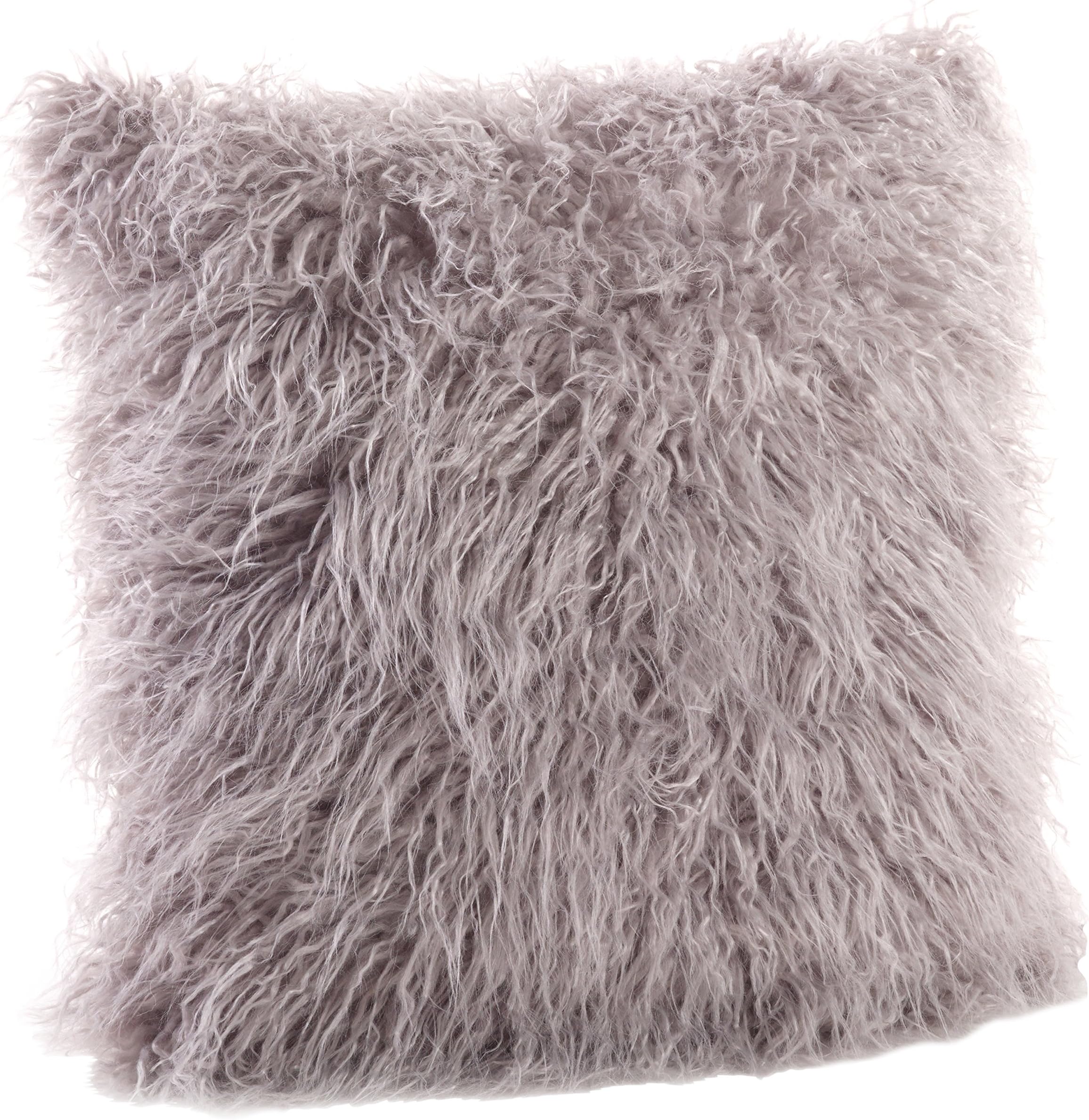 SARO LIFESTYLE Mongolian Faux Fur Poly Filled Throw Pillow, 1 Count (Pack of 1), Fog