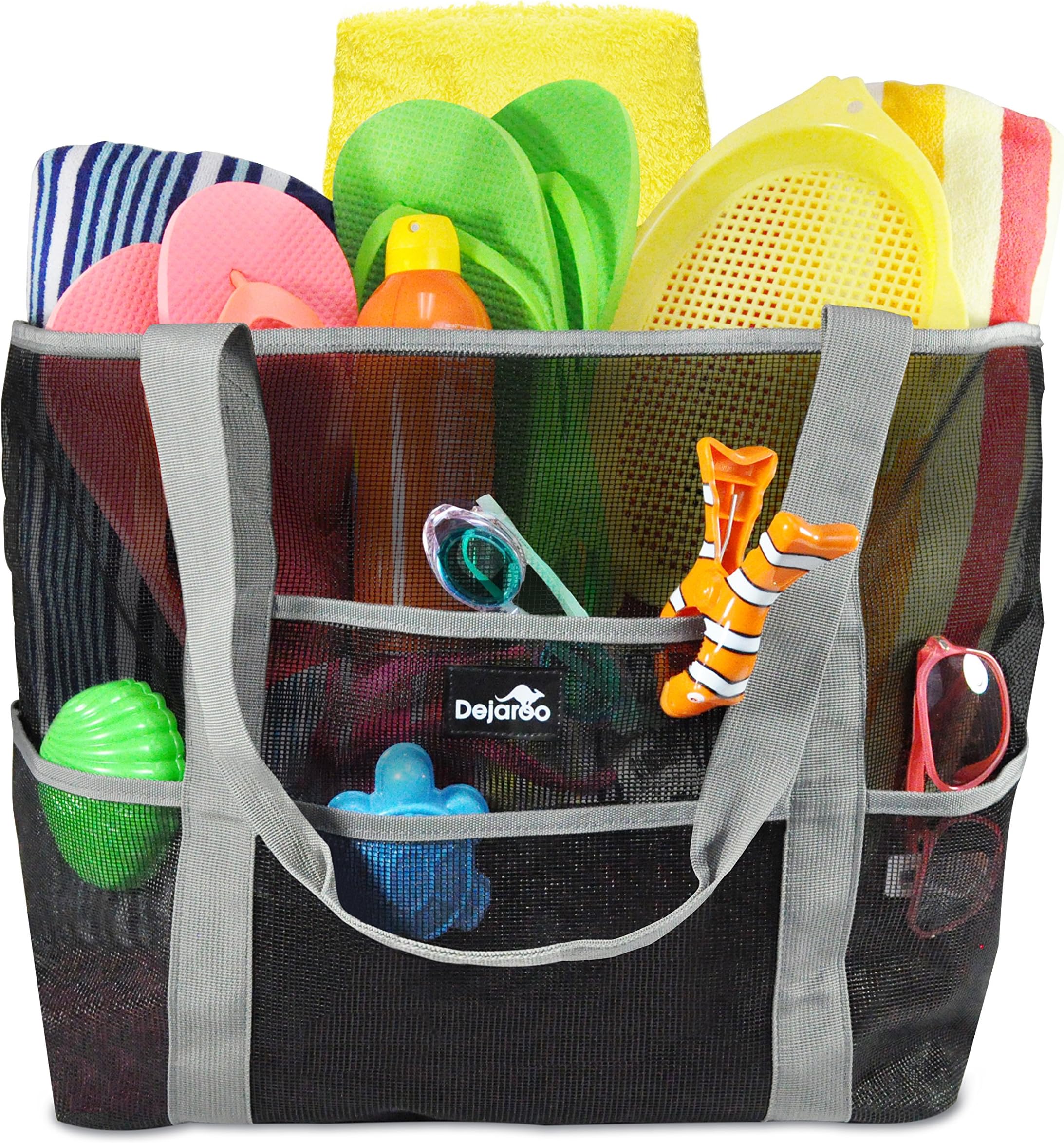 Dejaroo Mesh Beach Bag – Toy Tote Bag – Large Lightweight Market, Grocery & Picnic Tote with Oversized Pockets