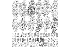 VANTATY 63 Sheets Realistic Black Rose Peony Flower Temporary Tattoos for Women Adults Body Art Arm, Snake Fake Floral Sketch Sleeve Tattoo Sticker