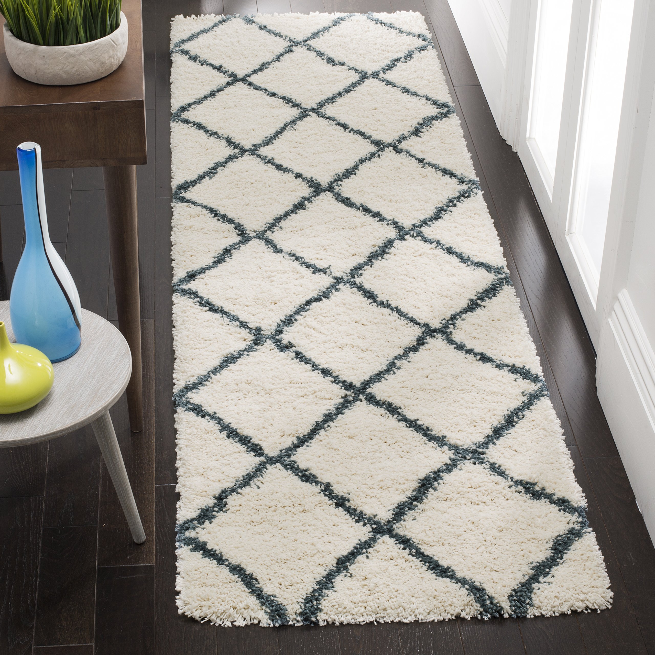 SAFAVIEH Hudson Shag Collection Runner Rug - 2'3" x 12', Ivory & Slate Blue, Trellis Design, Non-Shedding & Easy Care, 2-inch Thick Ideal for High Traffic Areas in Living Room, Bedroom (SGH281T) Image