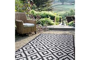 FH Home Outdoor Rug - Waterproof, Fade Resistant, Reversible - Premium Recycled Plastic - Geometric - Porch, Deck, Balcony, Mudroom, Laundry Room, Patio - Aztec - Black & White Crease Free - 3 x 5 ft