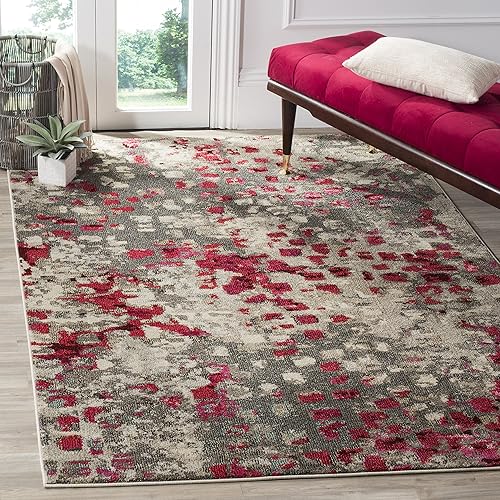 Safavieh Monaco Collection MNC225R Boho Chic Abstract Watercolor Non-Shedding Stain Resistant Living Room Bedroom Area Rug, 3' x 5', Grey / Fuchsia