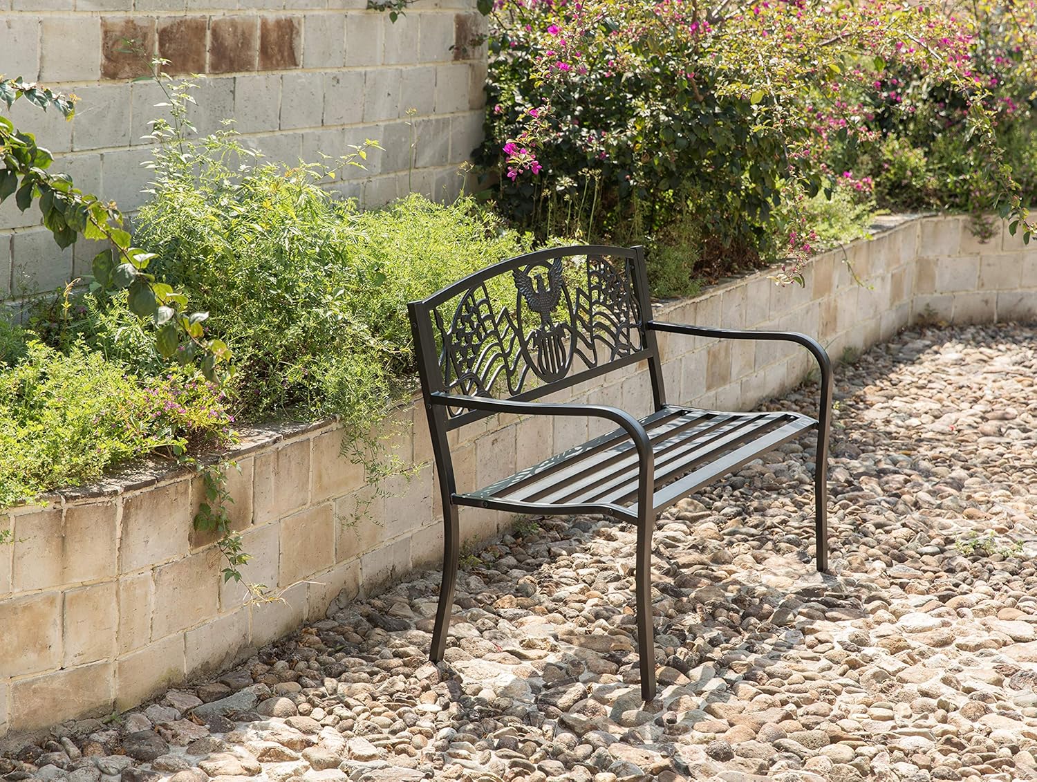 Gardenised Steel Outdoor Patio Garden Park Bench with Cast Iron American Flag Backrest, Black: Furniture & Decor