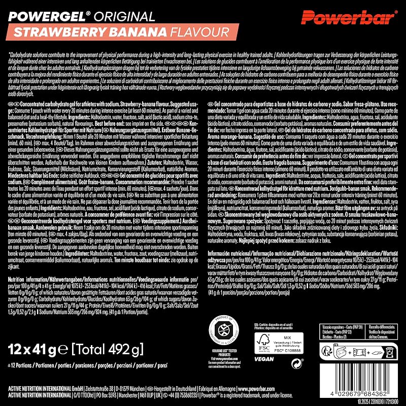 - PowerGel Original - Strawberry Banana- 12x41g - Gel energetico ad alto contenuto di carboidrati - Sodio - Senza caffeina