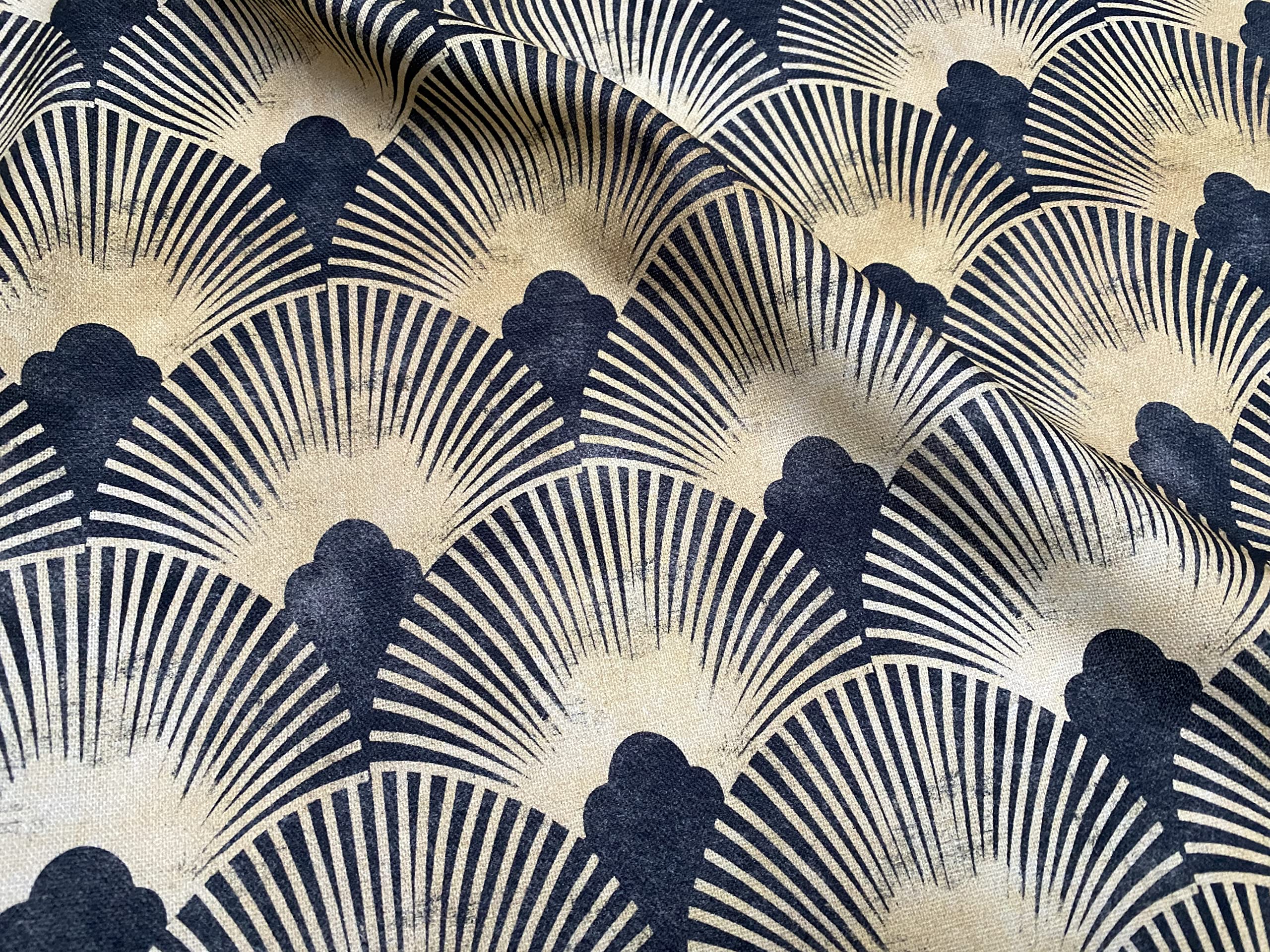 Generic Art Deco Geometric Damask Floral Fan Fabric Fountain Leaf - Curtain Upholstery Home Decor - 140cm Wide - Gold & Black (1 Metre)