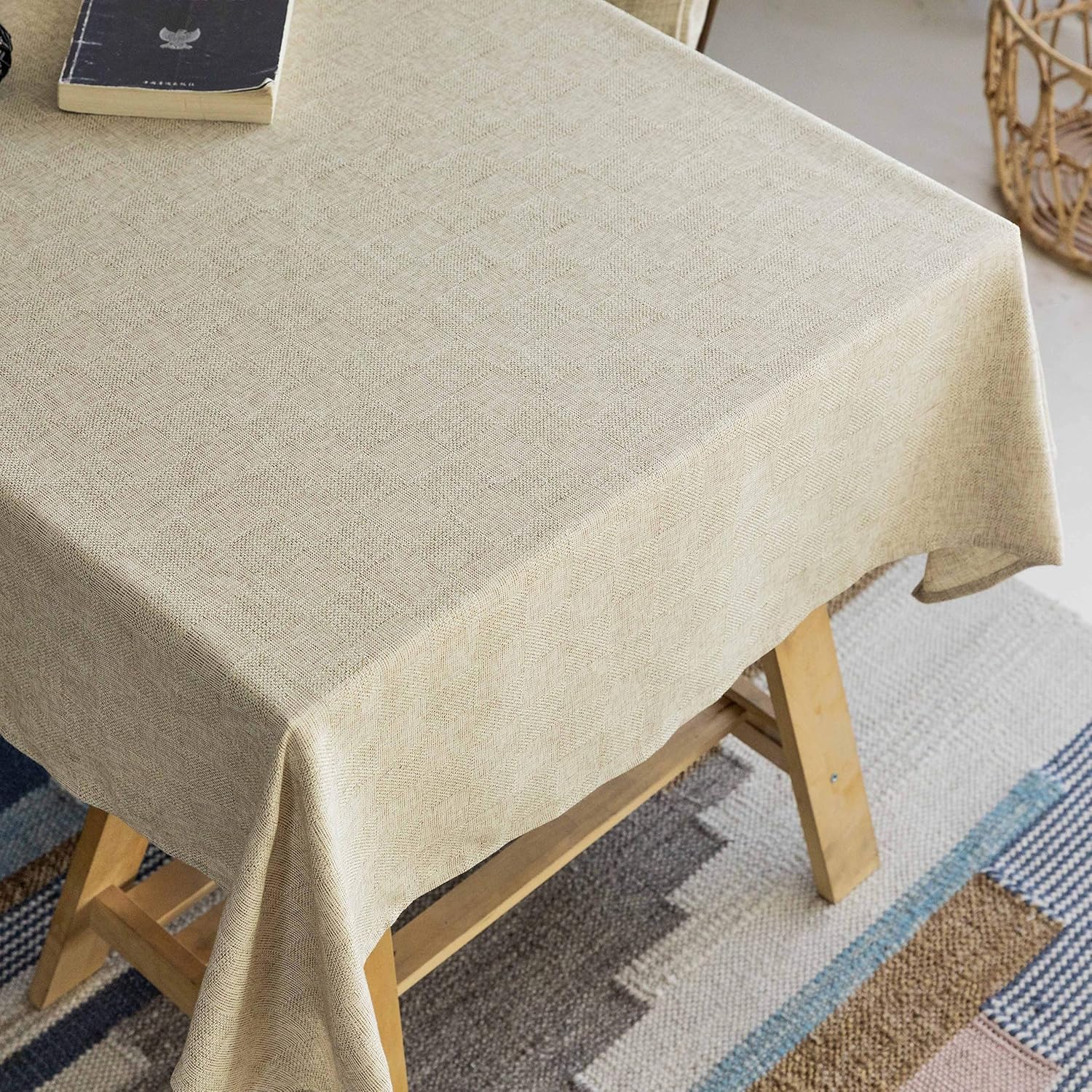 Home Brilliant Tablecloth Solid Soft Linen Farmhouse Checker Table Covers for Party Kitchen Indoor Outdoor Table Clothes for Dining Table, 52x86 inch, Natural: Furniture & Decor