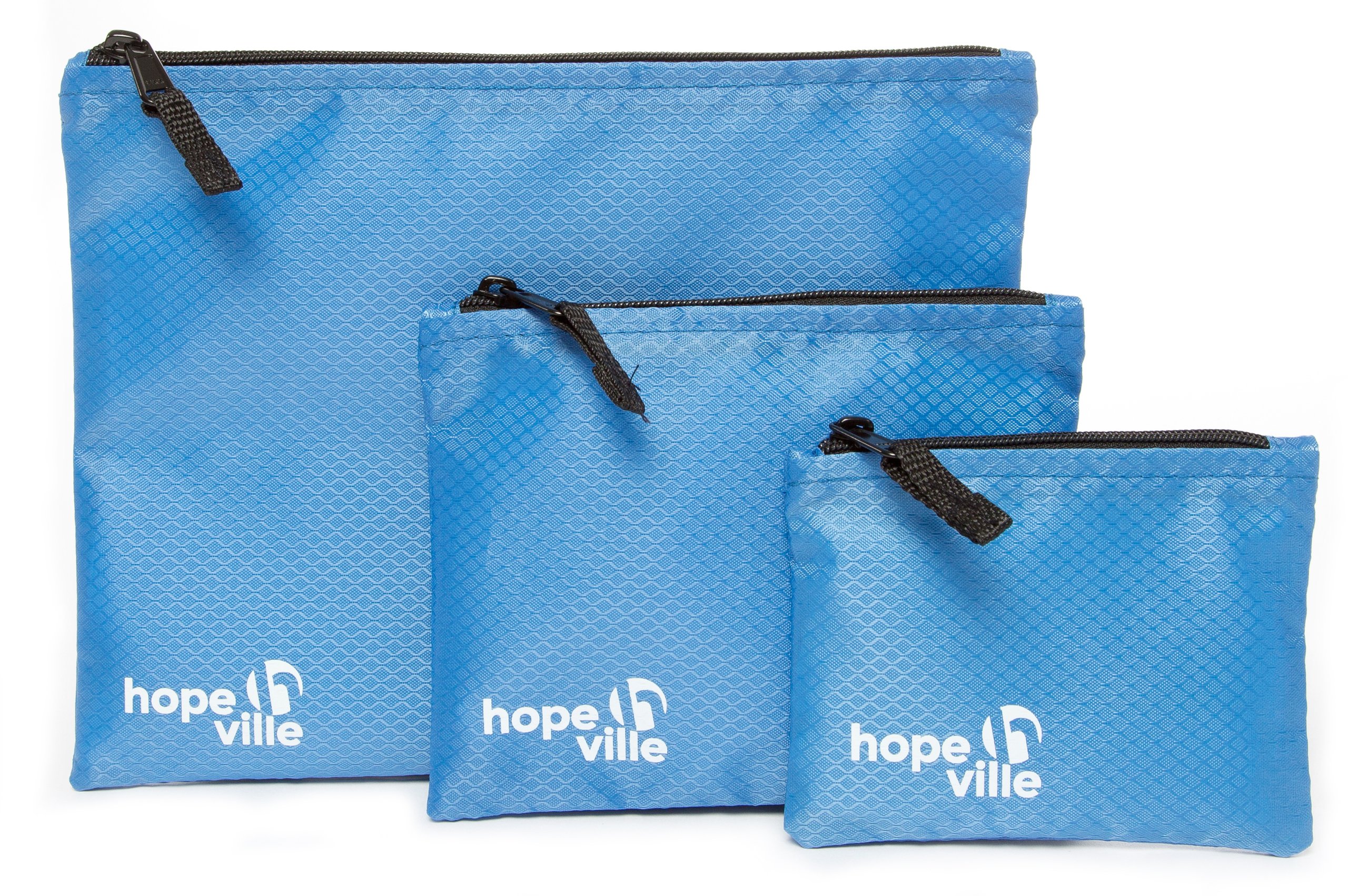 HOPEVILLE Travel Organizer Set, 3 different large zipper bags for travel documents and travel accessories, Premium mesh pouch for luggage, handbag and backpack (Blue)