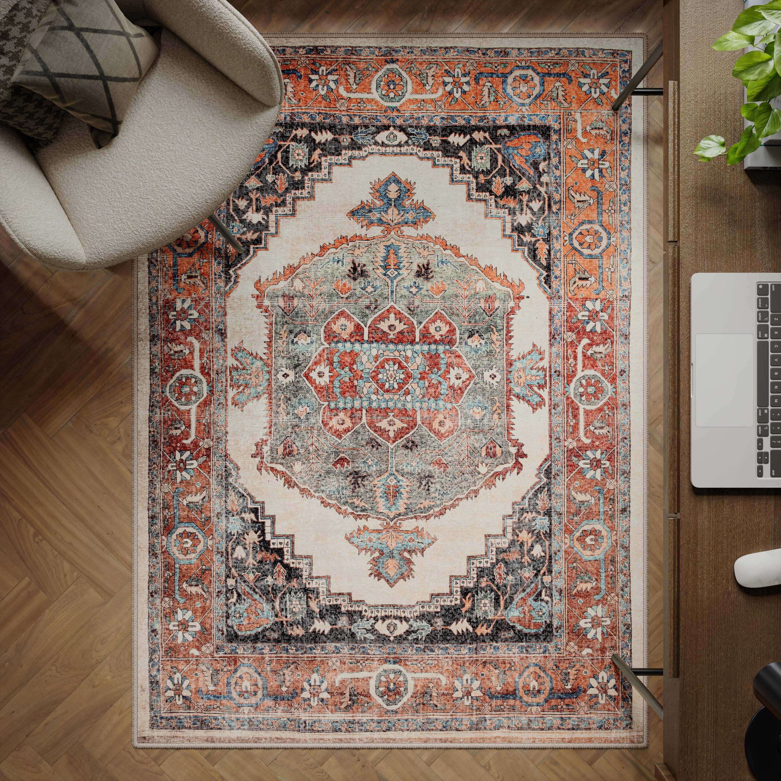artyrugs Machine Washable Rug, 122x170cm, 75% Recycled Cotton, Short Pile, Non-Slip Backing, Non-Shedding, Suitable for Living Room, Bedroom, Kitchen, Hallway, Office, Bright Olive & Pumpkin
