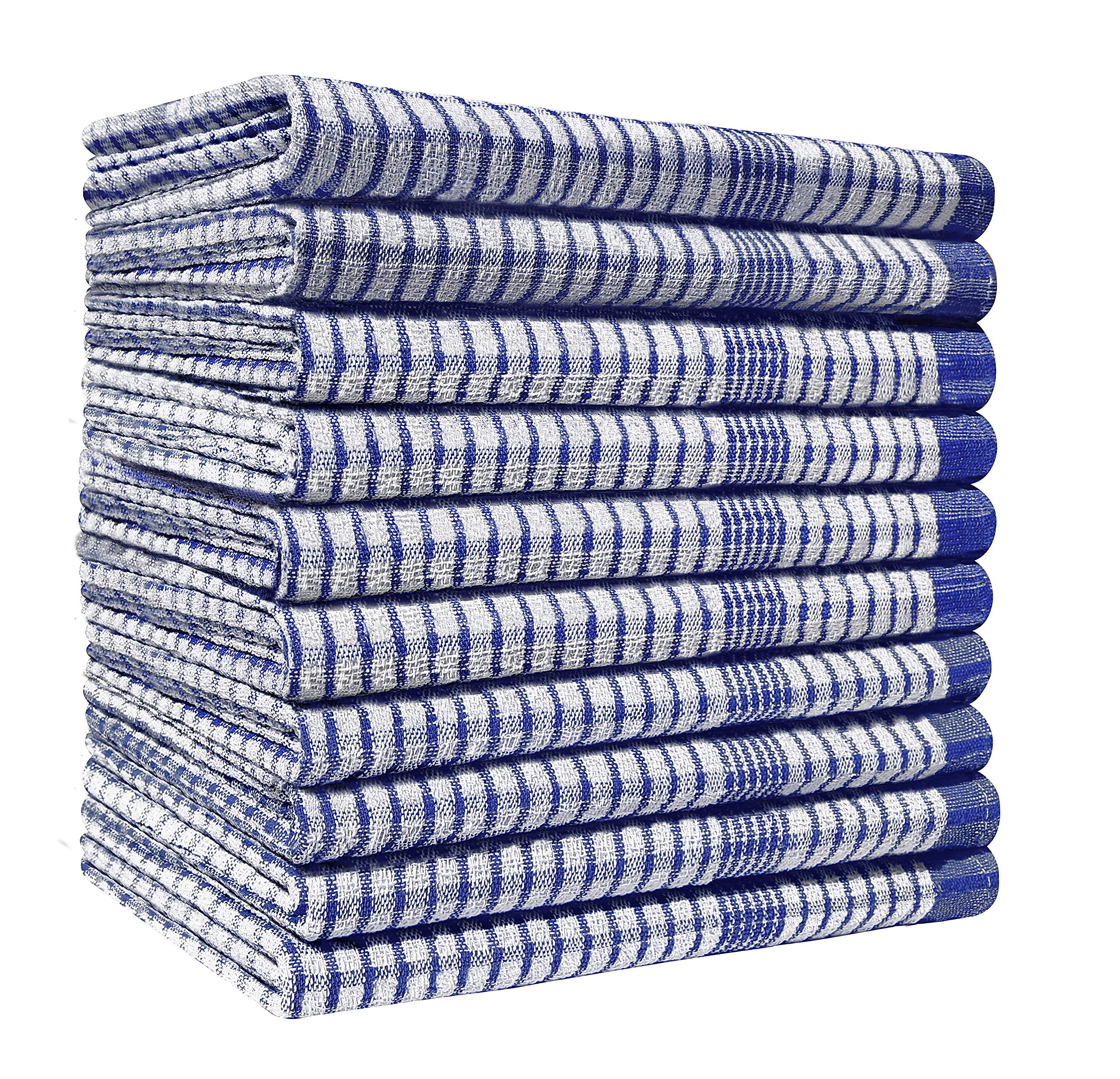 Pack of 10 Heavy Duty (80gm/pc) WonderDry Checked Cotton Kitchen Tea Towels - Absorbent - Long Lasting – Professional Grade - Lint Free, Fade Resistant – Bar, Catering Restaurant Cloth- 50 x 70 cm