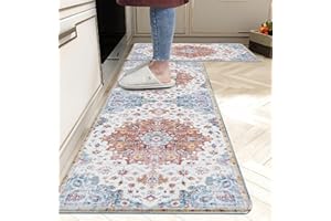 weesire Boho Kitchen Rugs for Floor Anti Fatigue Mats for Kitchen Floor Vintage Farmhouse Style Memory Foam Non-Slip Waterproof Kitchen Mat Cushioned PVC Kitchen Rug Set, 17.3x28+17.3x47 inches