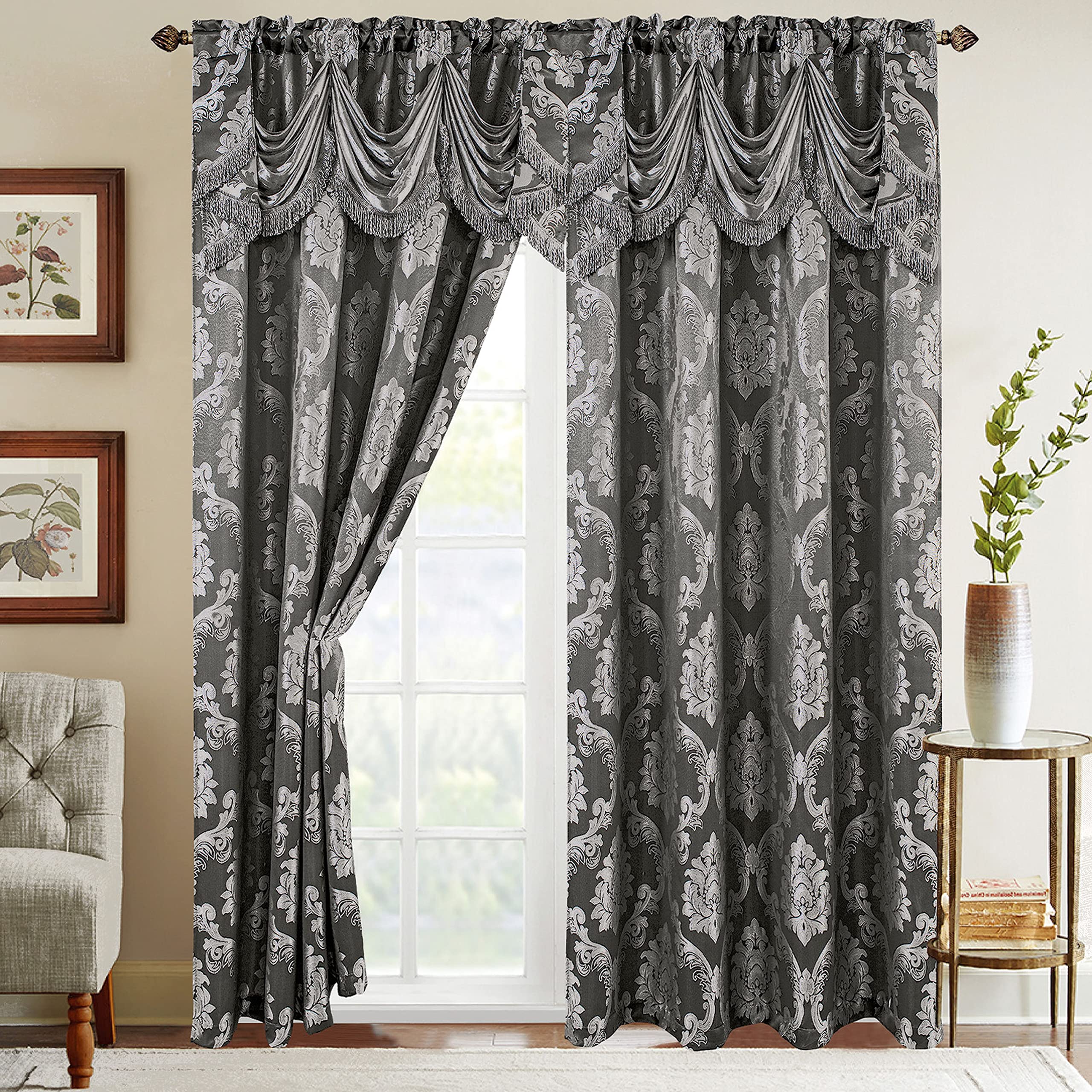 Elegant Comfort Jacquard Look Curtain Panel Set with Attached Waterfall Valance, (Set of 2), 54 x 84 Inches, Gray/Silver