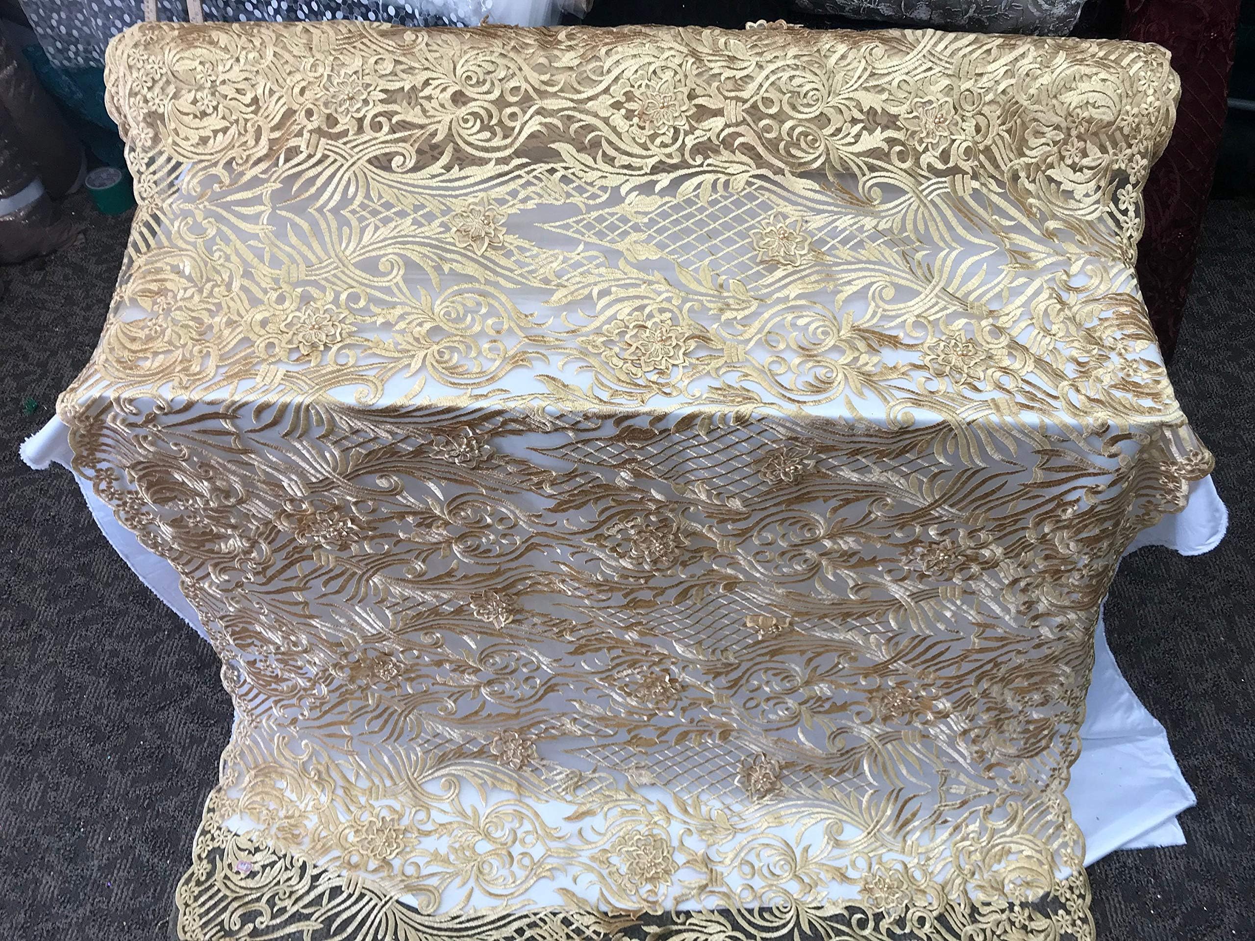 Gorgeous Champagne Floral Embroidery Beads Mesh Tulle Bridal Lace Fabric by Yard