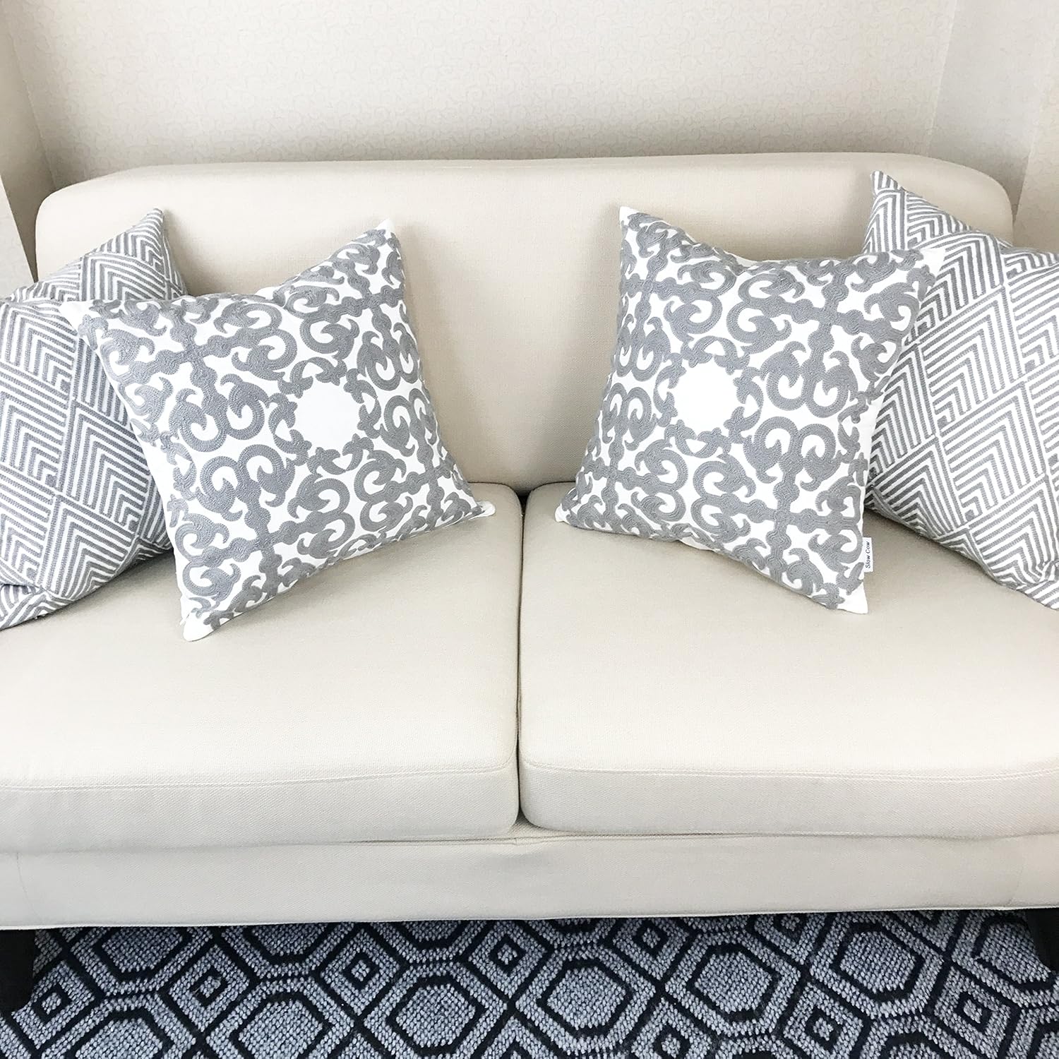 SLOW COW Cotton Embroidery Decorative Throw Pillow Cover Grey Cushion Cover 18x18 Inches, 1PC: Home & Kitchen