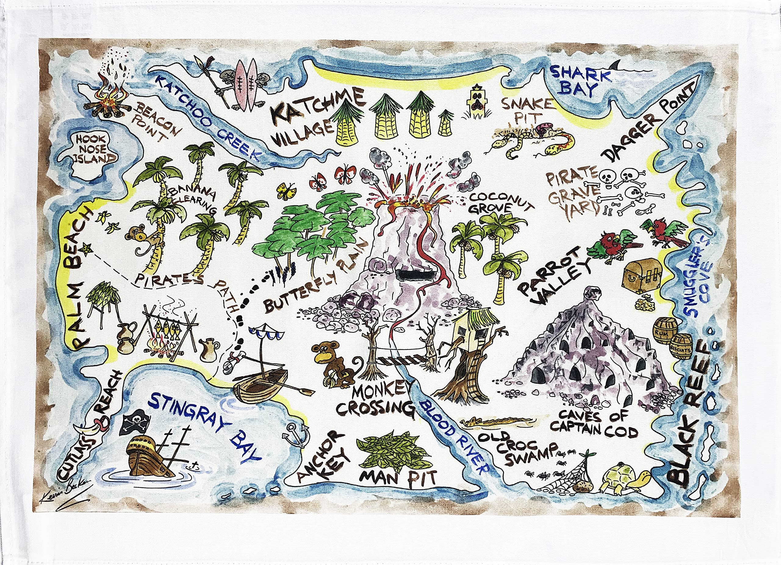 Half a Donkey Hand Drawn Treasure Island Map Large Cotton Tea Towel