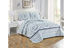 Home Collection 3pc King/Cal King Quilted Bedspread Set Floral Bedding Turquoise Navy Blue White Sage Green