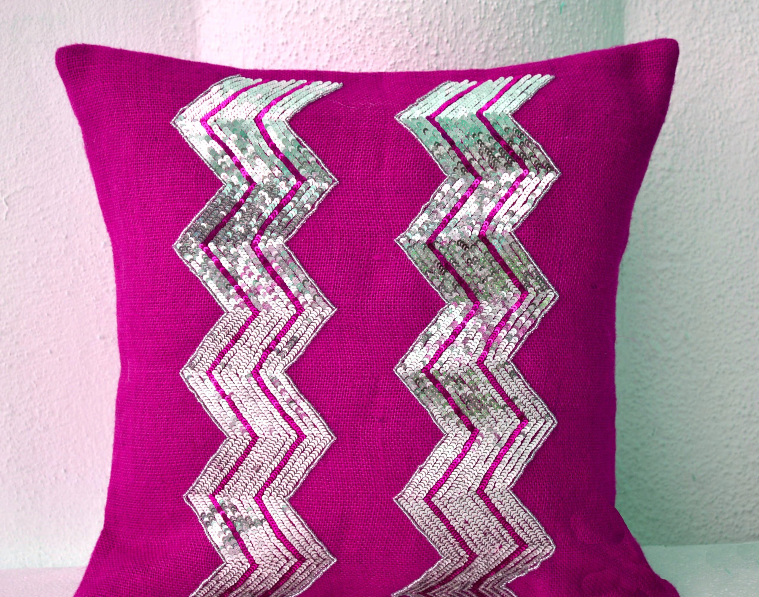 Fuchsia Jute Hessian Cushion Cover with Silver Sequin Embroidery in Chevron Pattern - Decorative Cushion Cover- Cushion Covers-Gift (45 x 45 cm)