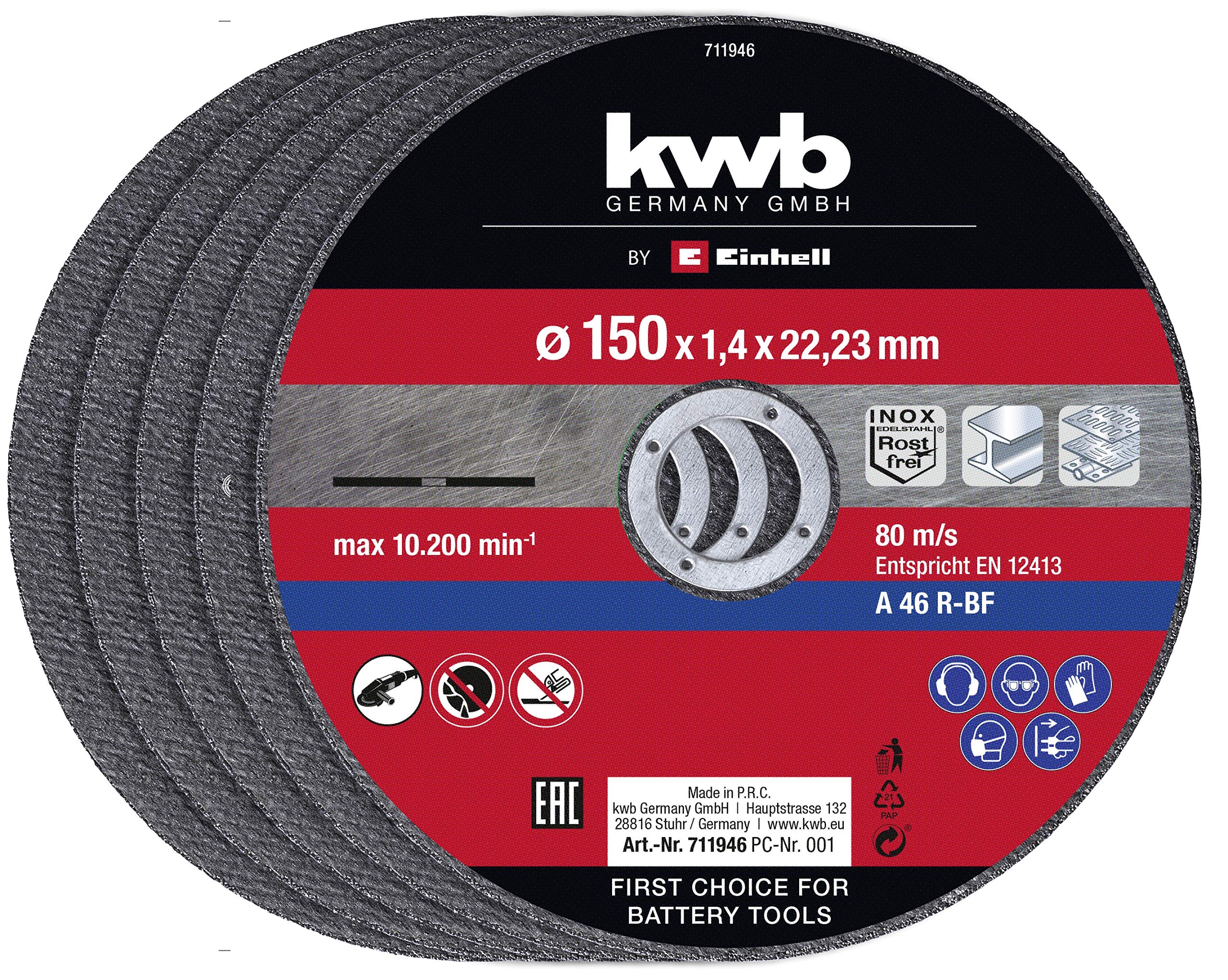 Original Einhell Cutting Disc Set Thin 150 x 1.4 mm (Angle Grinder Accessories, 5 Pieces, Diameter 150 x 1.4 x 22.23 mm, Max. 10200 RPM, Extra Thin for Little Material Loss)