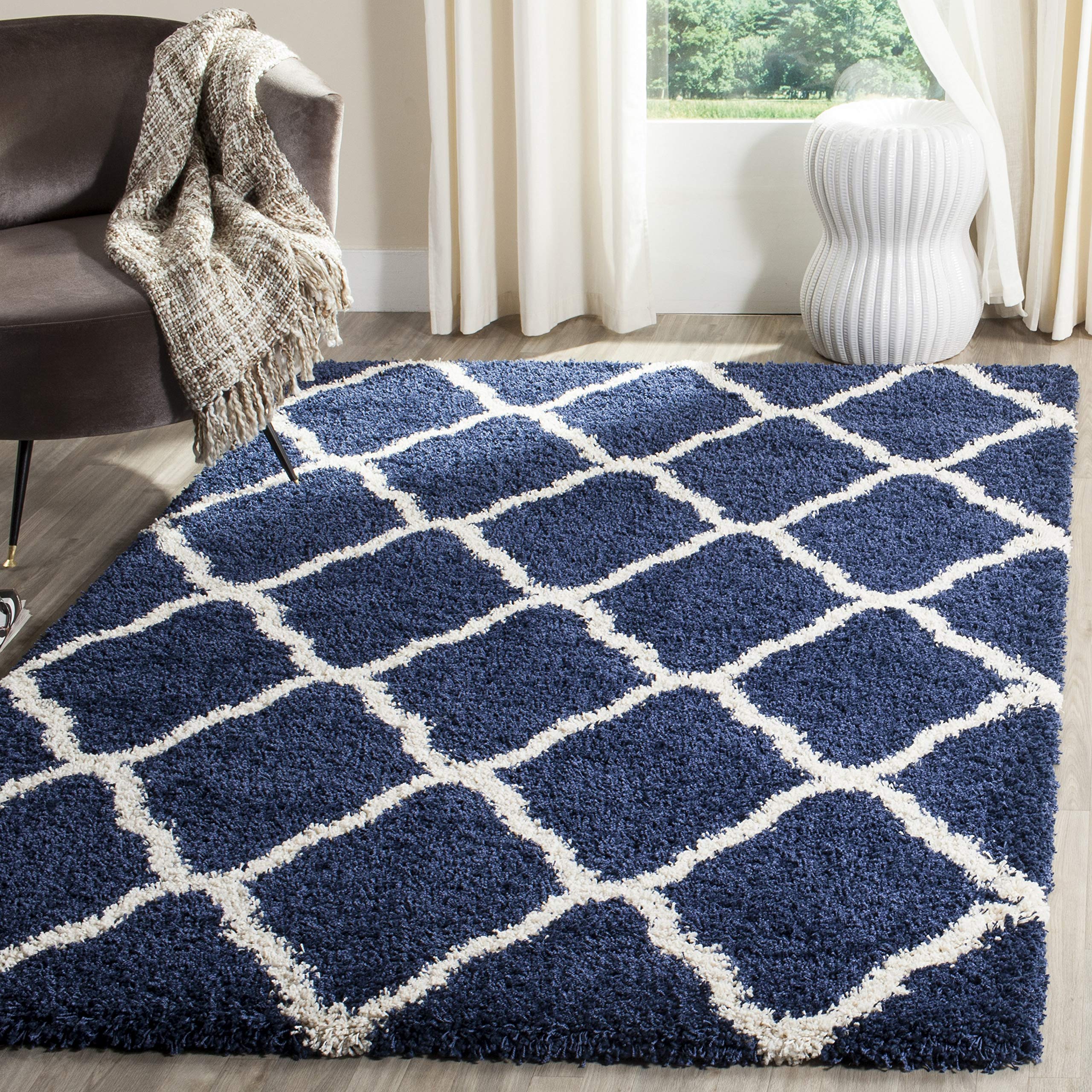 SAFAVIEH Hudson Shag Collection Area Rug - 5' Square, Navy & Ivory, Moroccan Trellis Design, Non-Shedding & Easy Care, 2-inch Thick Ideal for High Traffic Areas in Living Room, Bedroom (SGH283C) Image