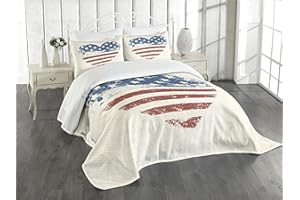 Ambesonne Americana Bedspread, Patriotic America USA Flag Heart Shaped Stars and Stripes Inspirational, Decorative Quilted 3 Piece Coverlet Set with 2 Pillow Shams, Queen Size, Blue Vermilion
