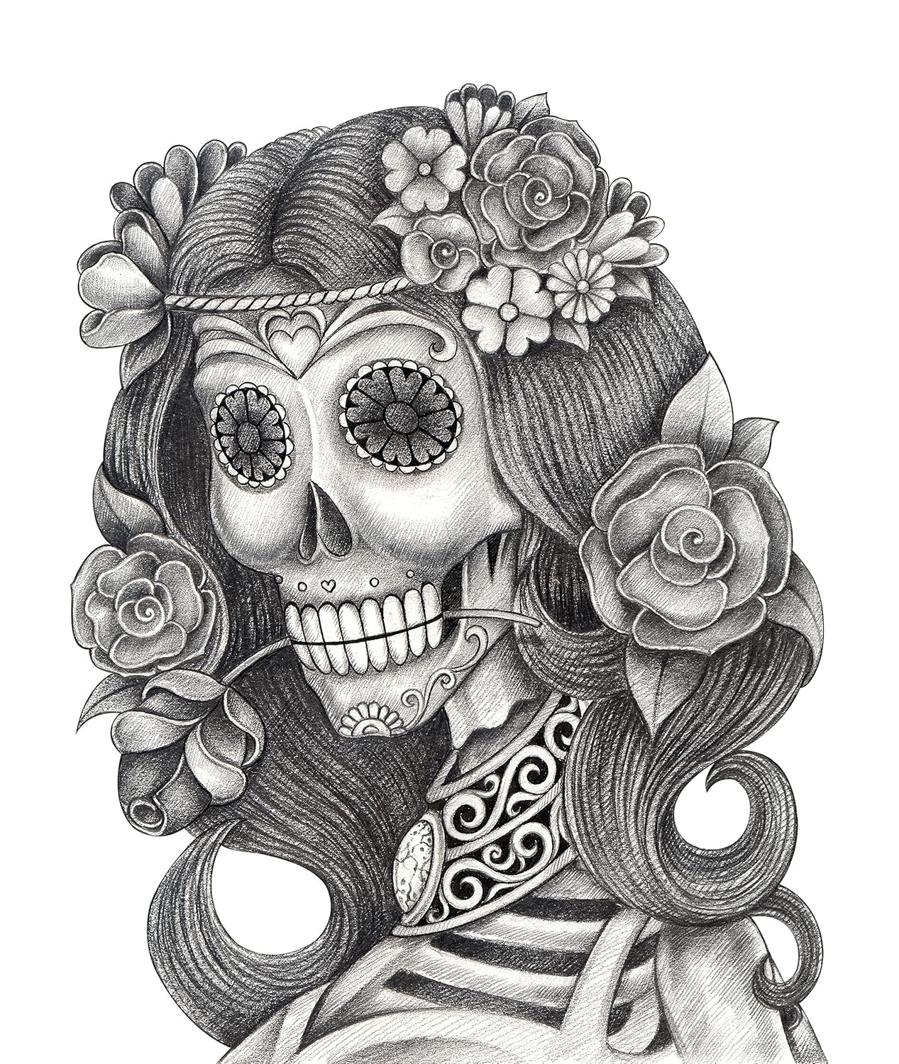 Amazoncom Pencil Sketch Dia De Los Muertos Woman With Rose