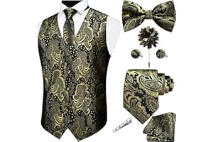 GUSLESON Fashion Paisley Vest for Men Jacquard Tie Waistcoat Bow tie Hanky Lapel Pin Cufflinks Set Wedding 7PCS