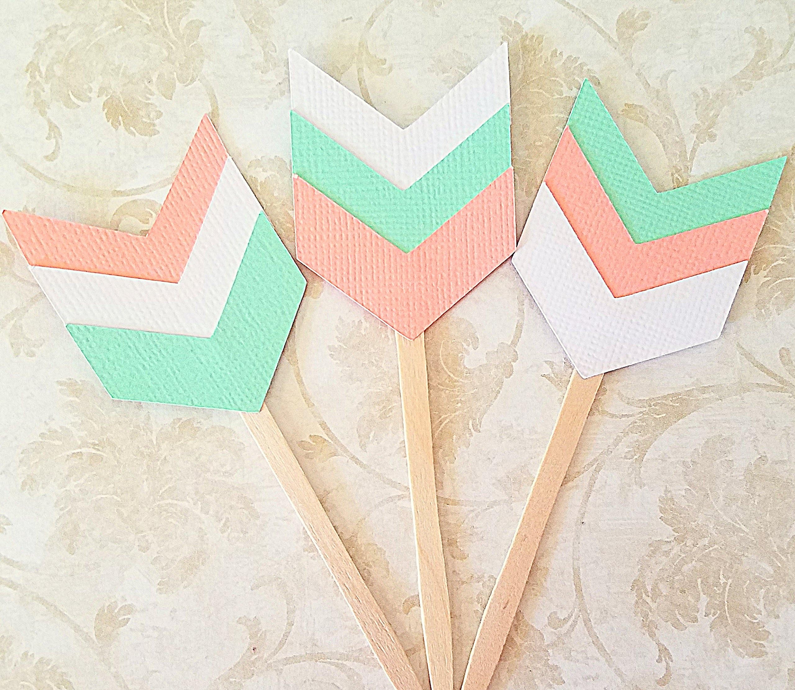 Tribal Baby Shower Cupcake Toppers, Peach Spearmint and White, Its A Girl, Be Brave Little One, Chevron Arrow Cupcake Toppers, Baby Shower Decorations, Wedding, Set of 12