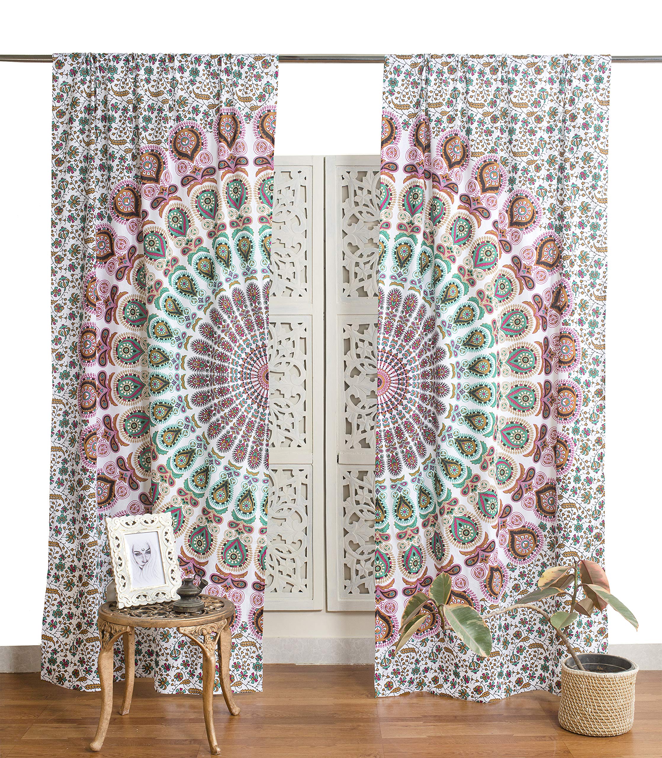 Popular Handicrafts Indian Hippie Bohemian Beautiful Peacock Mandala Curtain Panels White Multicolor — image 1