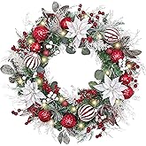 Valery Madelyn 24'' Pre-Lit Christmas Wreath for Front Door with Light, Collapsible Lighted Outdoor Christmas Wreath with Red White Xmas Balls & Flower for Home Porch Fireplace Window Holiday Decor