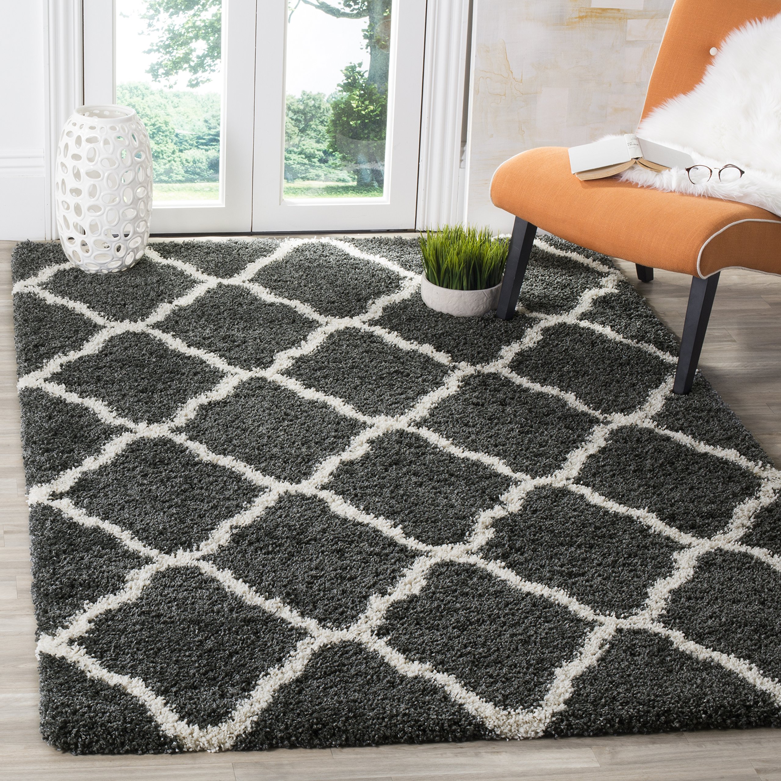 SAFAVIEH Hudson Shag Collection Area Rug - 6' x 9', Dark Grey & Ivory, Moroccan Trellis Design, Non-Shedding & Easy Care, 2-inch Thick Ideal for High Traffic Areas in Living Room, Bedroom (SGH283G) Image