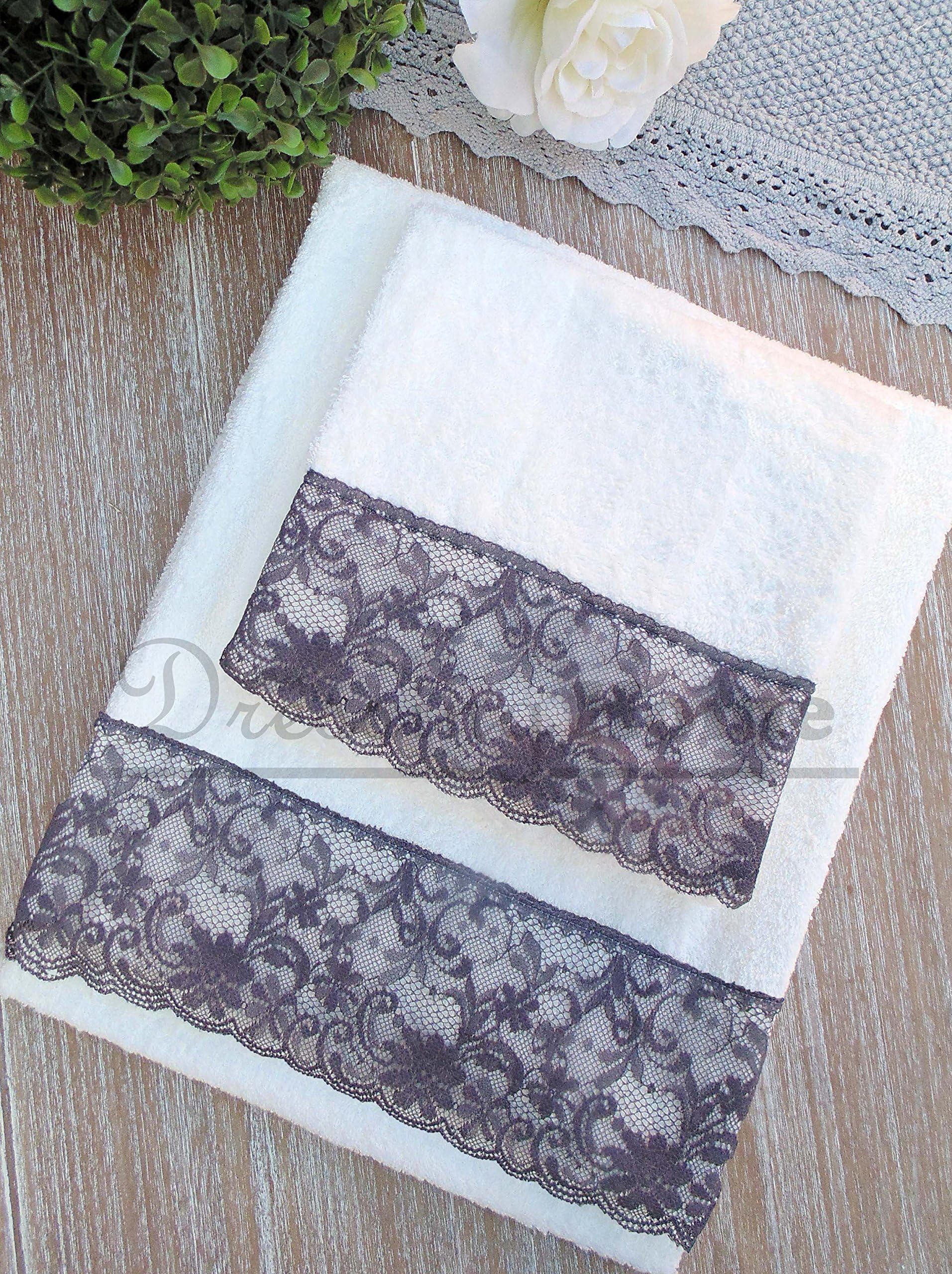 Vintage Shabby Chic Farmhouse Towel Set - Hand Towel and Guest Towel - Lace - 60x100 + 40x60 - Natural / Dark grey - 100% Cotton (440 gsm)