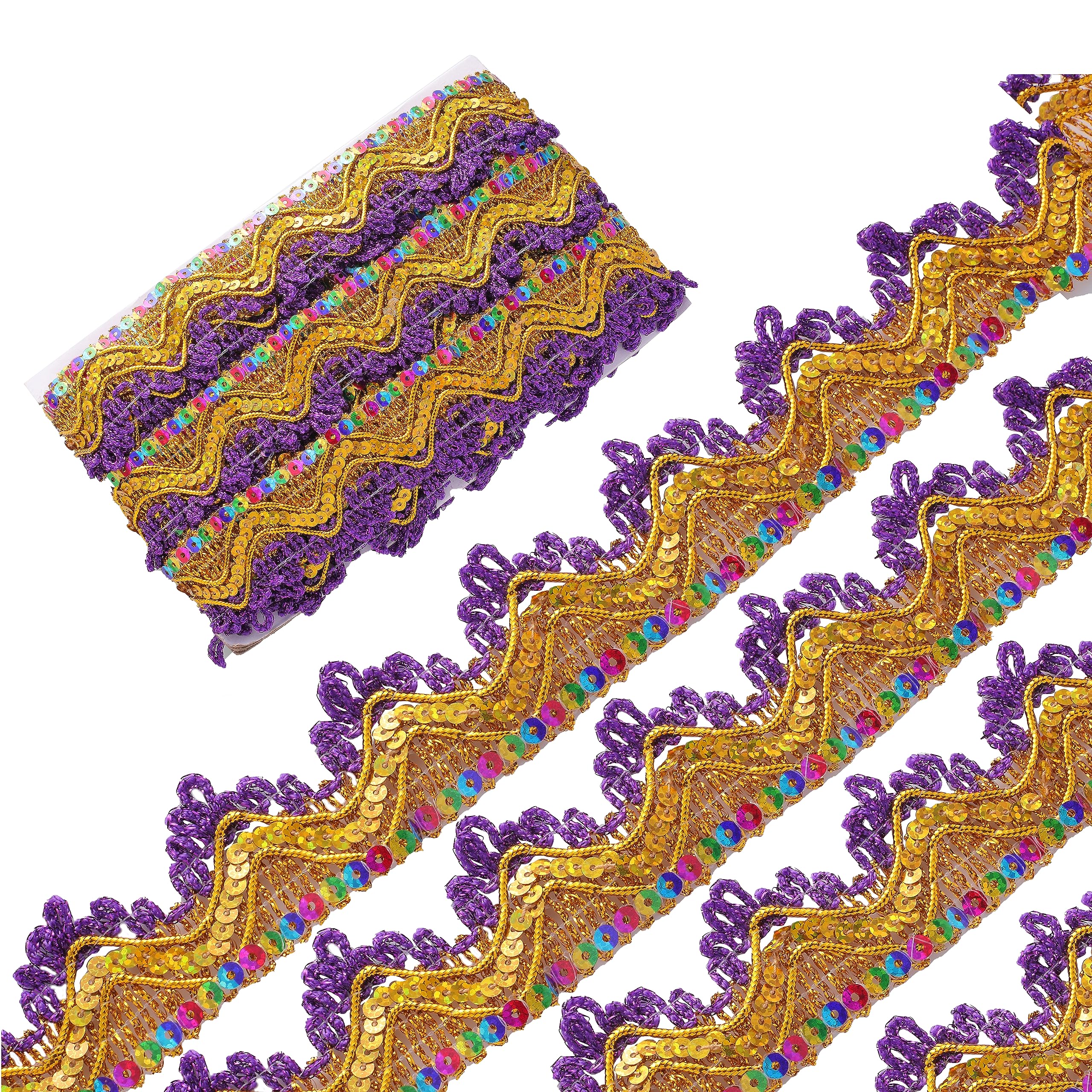 GORGECRAFT 9.3 Yard 35mm Purple Fringe Tassel Trim Gold Glitter Mesh Fabric Sequin Paillette Sewing Lace Trim Wavy Metallic Sequined Embroidery Gimp Trim Braided Edging Trimming for Crafts