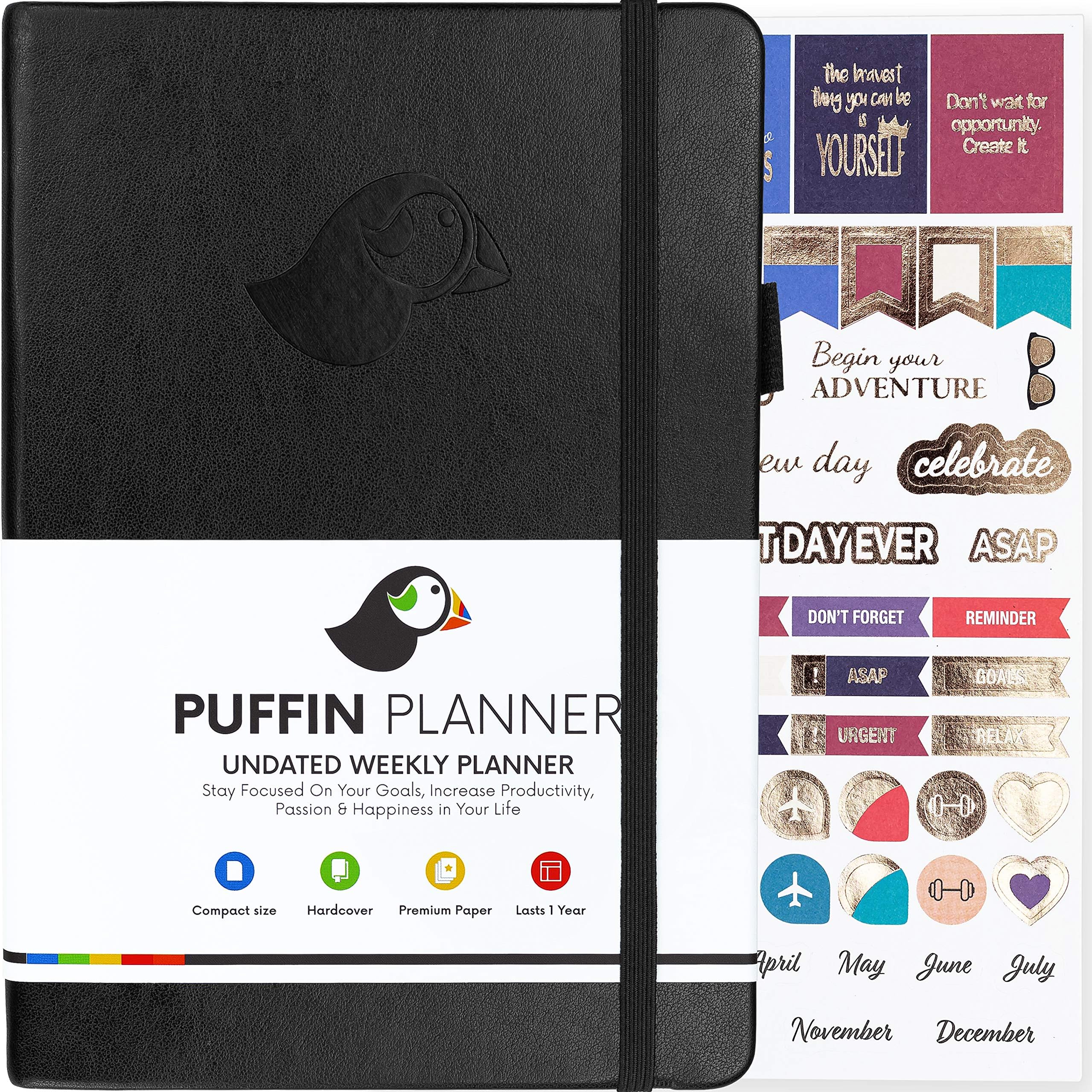 Puffin Planner - Compact Weekly & Monthly Goal Planner & Organizer Journal to Improve Time Management and Productivity. B5 Size, Undated - Start Anytime, Lasts 1 Year + Bonus Stickers (Black)