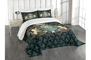 Ambesonne Medieval Bedspread Set, Heraldic Design from Middle Ages Coat of Arms Crown Lions and Swirls, 3 Piece Decorative Bedding Coverlet and 2 Pillow Shams, King Size, Teal Black Cinnamon