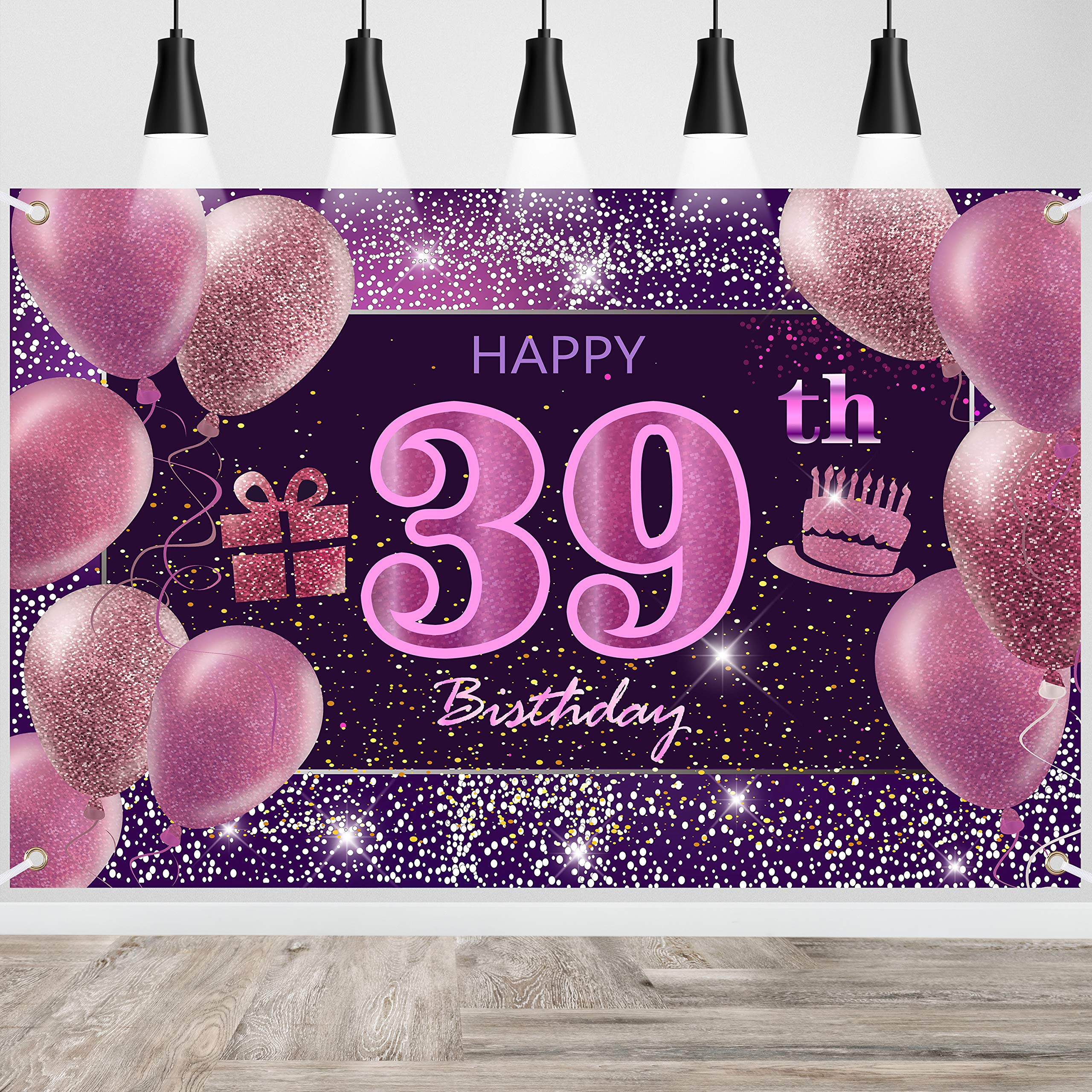 IMISI 39th Birthday Decorations - Happy Birthday Banner, Pink Backdrop for Party