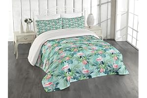 Lunarable Flamingo Coverlet, Tropical Jungle with Hibiscus Flora Monstera Fan Palm Leaves, 3 Piece Decorative Quilted Bedspread Set with 2 Pillow Shams, Queen Size, Dark Coral Dark Teal and Seafoam
