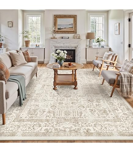 9x12 Beige Vintage Area Rug - Washable, Low Pile, Non-Slip Carpet