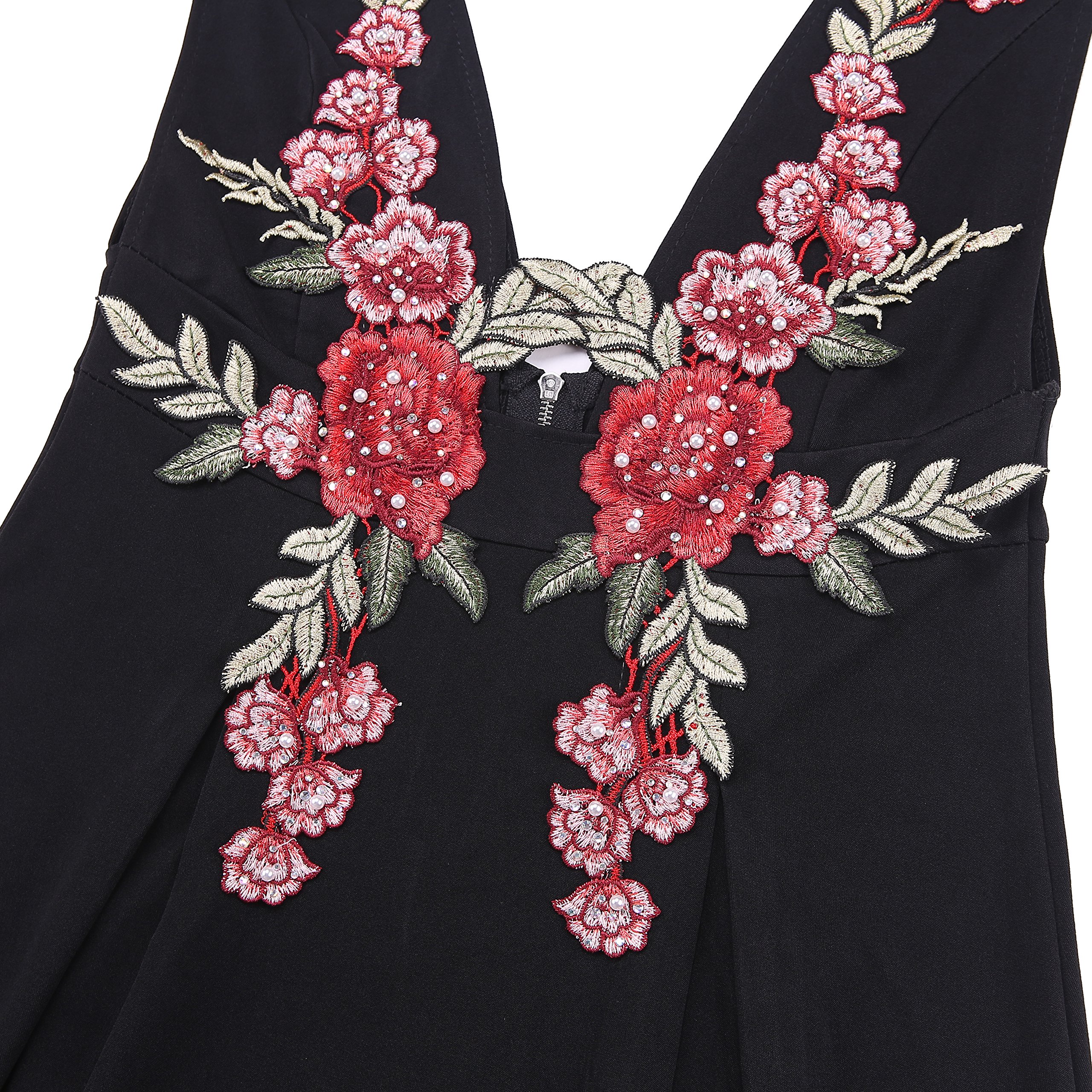 Goddess Area Women\'s Deep V Neck High Waist A Line Flower Print Cocktail Vintage Midi Dress (L, Black)