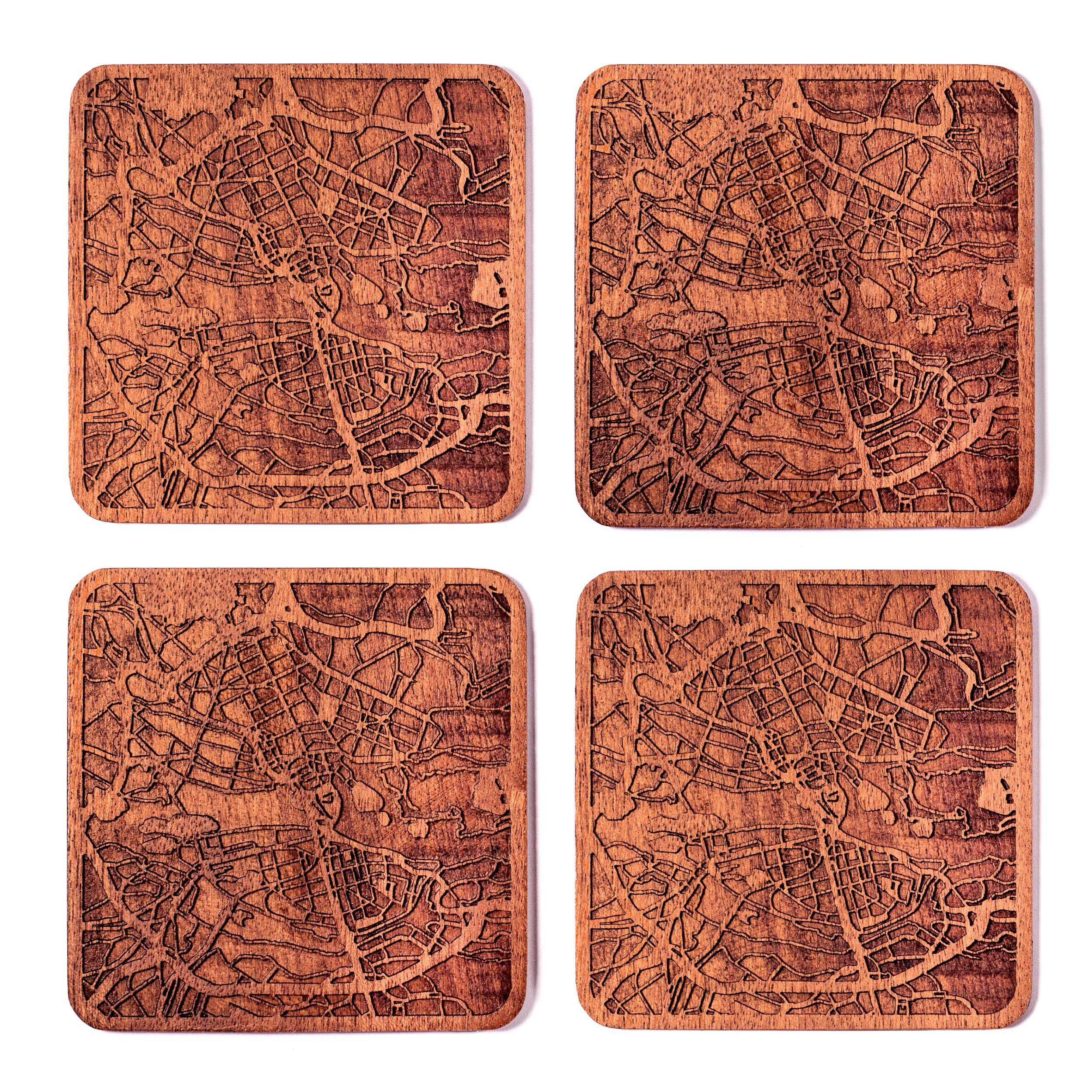 Stockholm Map Coaster, Set of 4, Sapele Wooden Coaster with City map, Multiple City Optional, Handmade