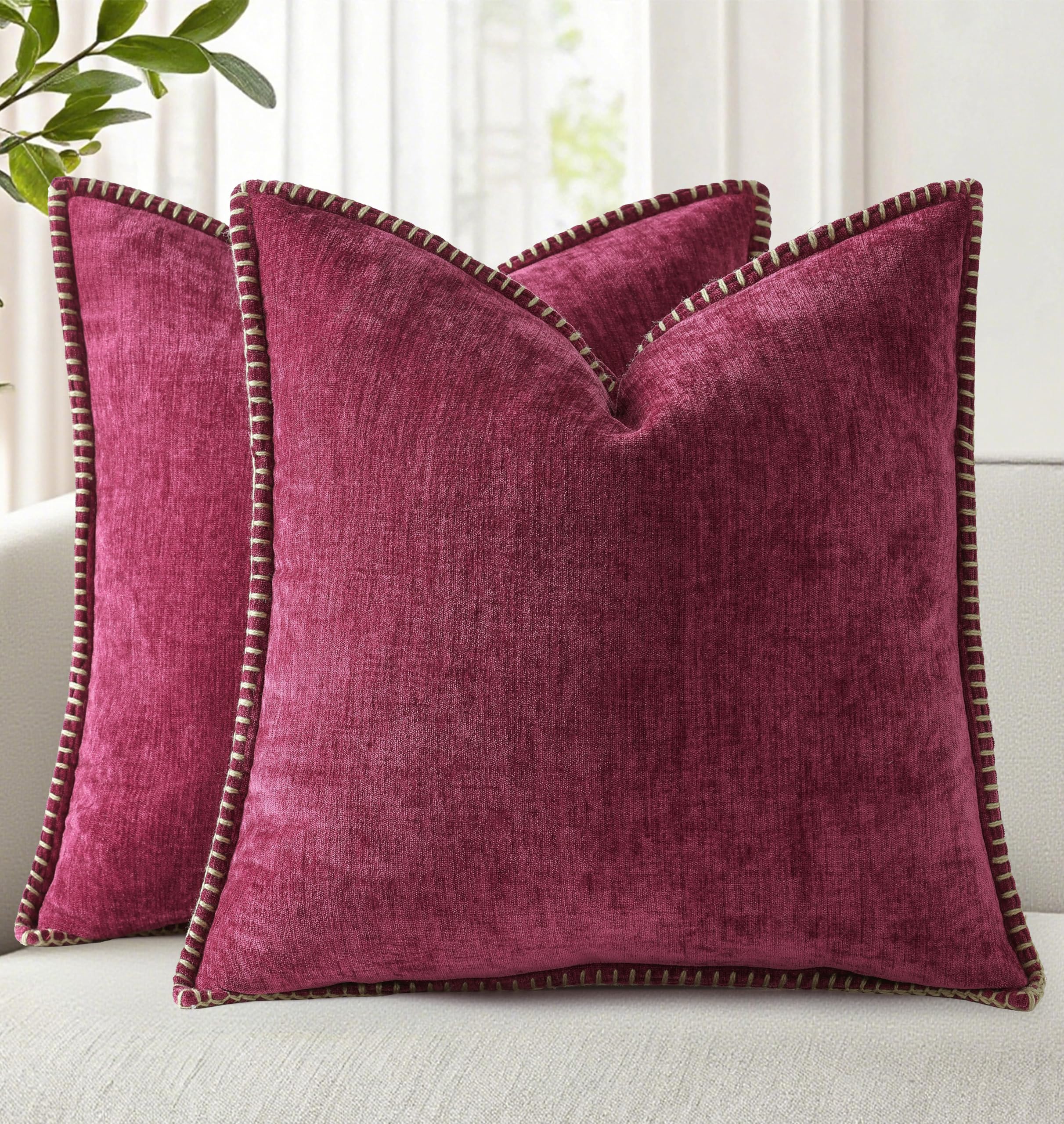 Photo 1 of decorUhome Christmas Chenille Soft Throw Pillow Covers 26x26 Set of 2, Farmhouse Velvet Neutral Decorative Euro Pillow Covers with Stitched Edge for Couch Sofa Bed Home Decor, Rhododendron