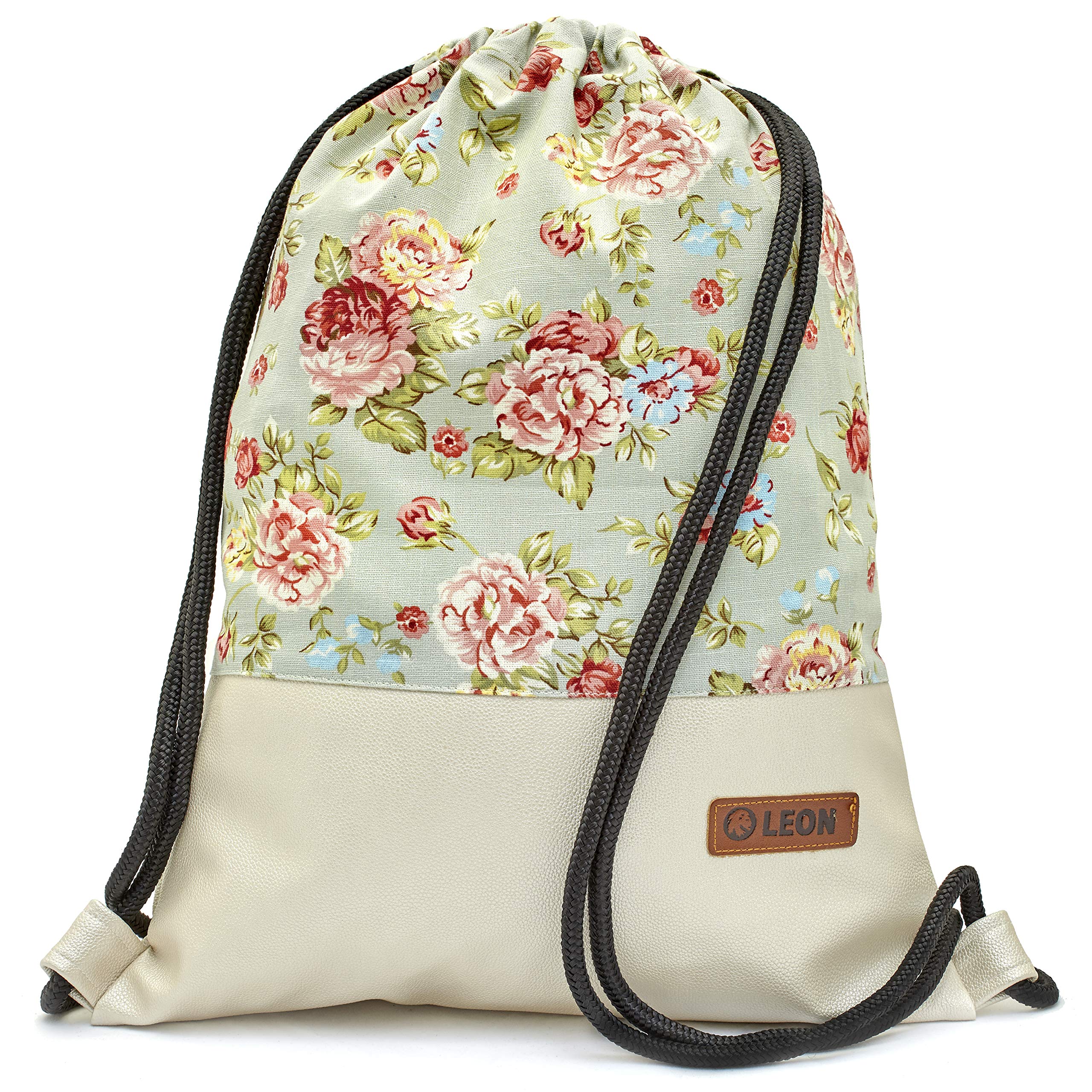 By Bers LEON Gym Bag with Inner Pockets Zip Backpack Bag Women Men Teenager Gym Bag Gym Bag, Blue Rose_Mother of Pearl PU, flach 34cmx45cm +-1cm