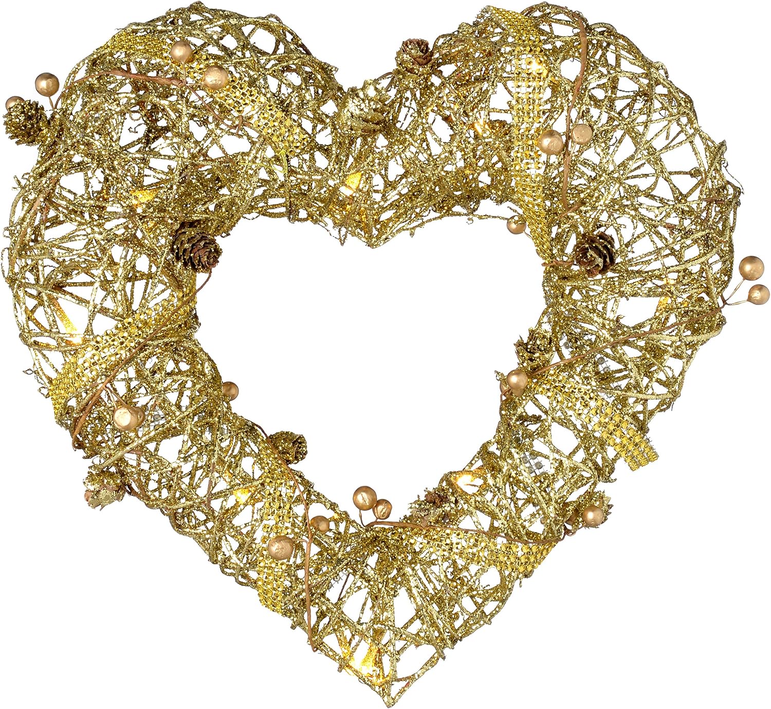 WeRChristmas Pre-Lit Rattan Warm White LED Heart Wreath with Beads and Pinecones, 33 cm - Gold, 33 x 36 x 10 cm