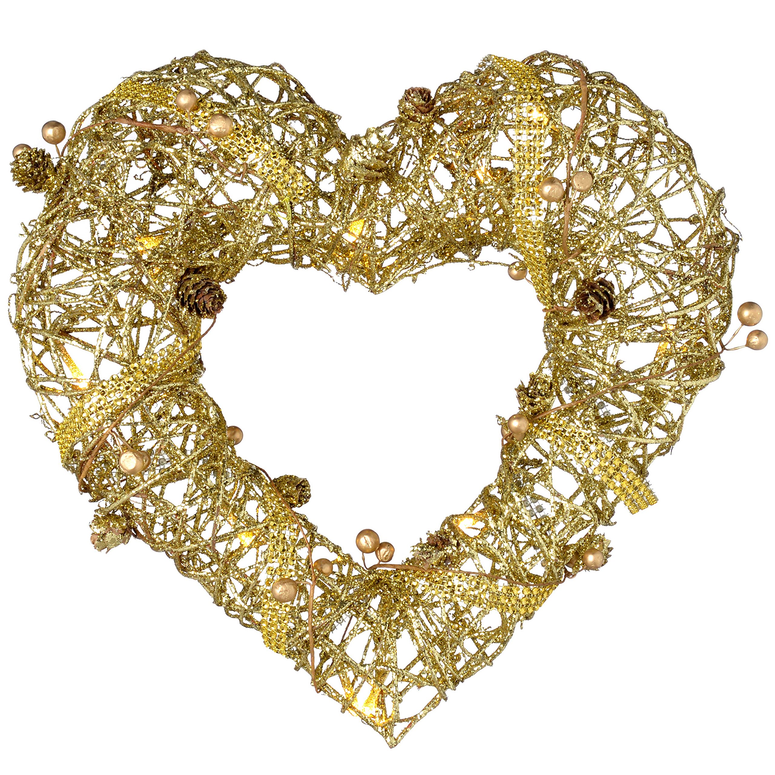 WeRChristmas Pre-Lit Rattan Warm White LED Heart Wreath with Beads and Pinecones, 33 cm - Gold