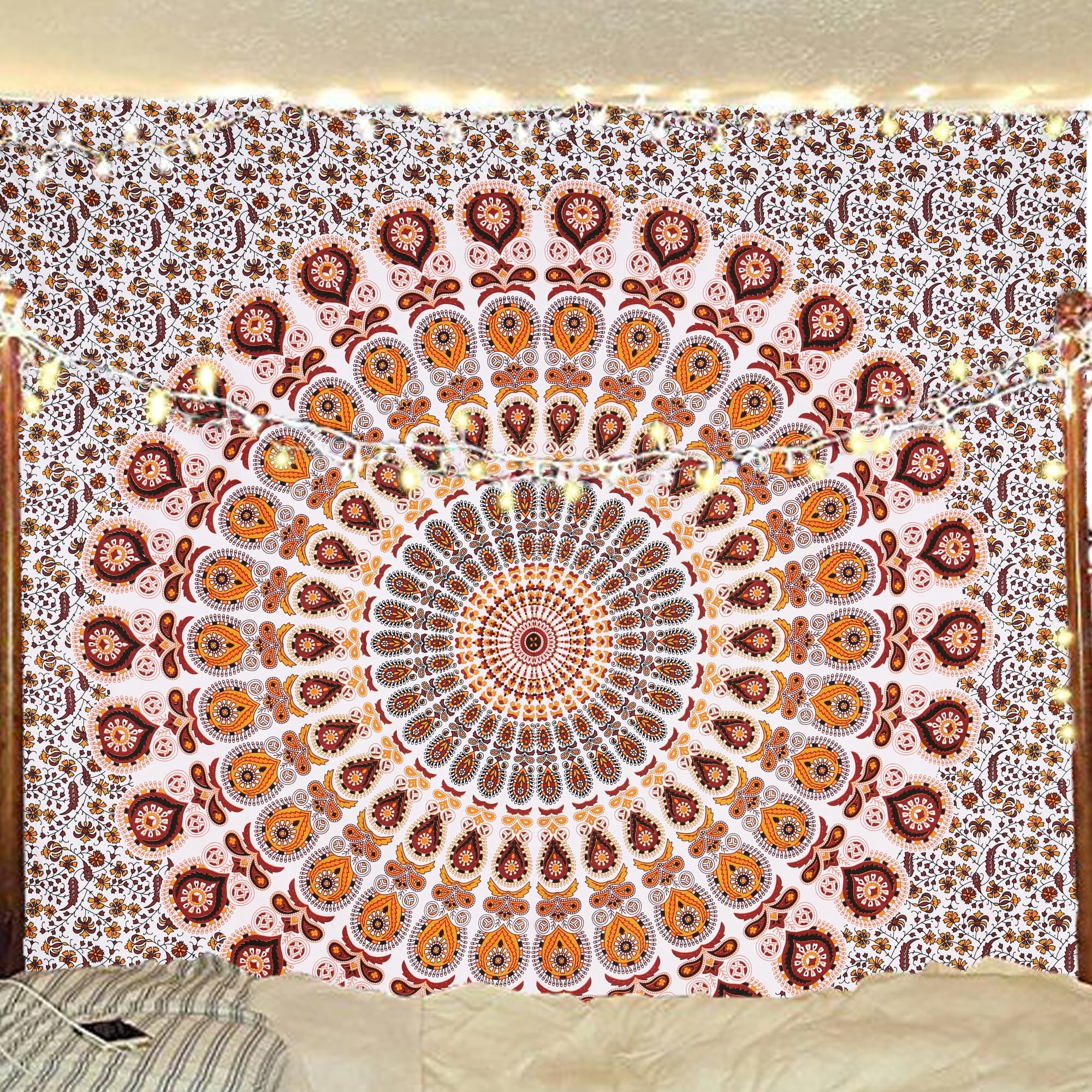 Bless International Indian hippie Bohemian Psychedelic Peacock Mandala Wall hanging Bedding Tapestry (Orange Brown, King (88x104Inches)(225x265Cms))
