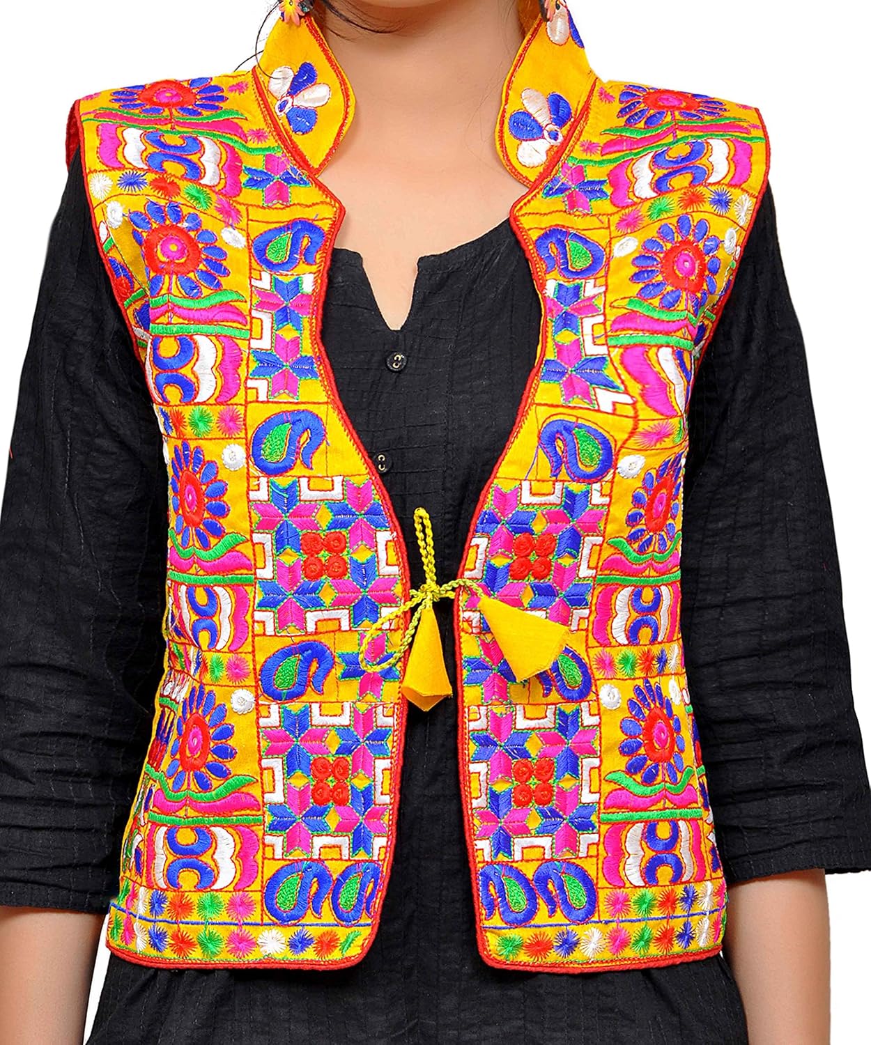 banjara women's cotton blend kutchi jacket/koti (mjk-skeri05) - yellow