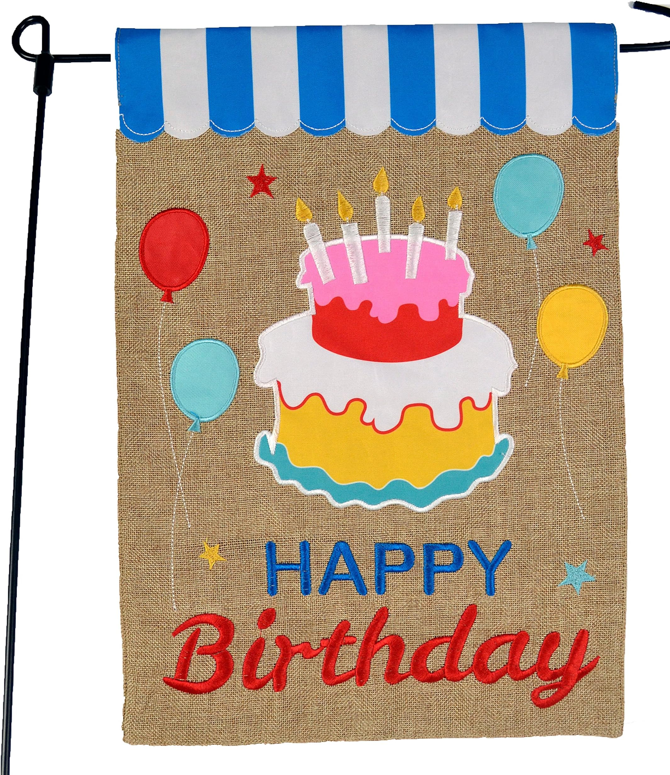 Happy Birthday Garden Flag or Car Decoration - Happy Birthday Cake and Balloons WIth Awning On Burlap - 12x18 - Home Garden Flag