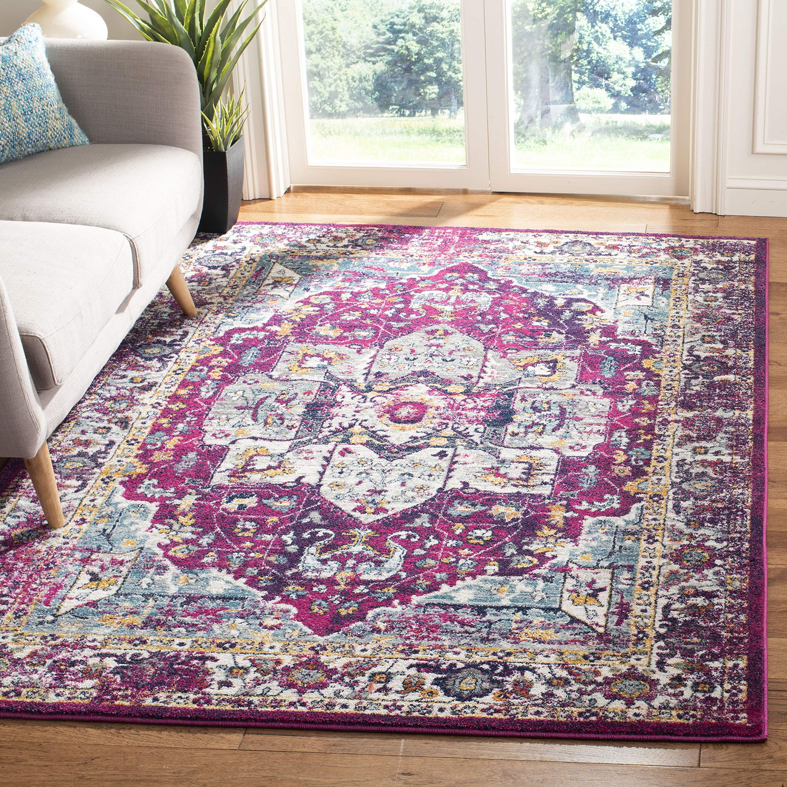 SAFAVIEH Evoke Collection Area Rug - 6'7" Square, Fuchsia & Ivory, Oriental Medallion Distressed Design, Non-Shedding & Easy Care, Ideal for High Traffic Areas in Living Room, Bedroom (EVK275R) Image