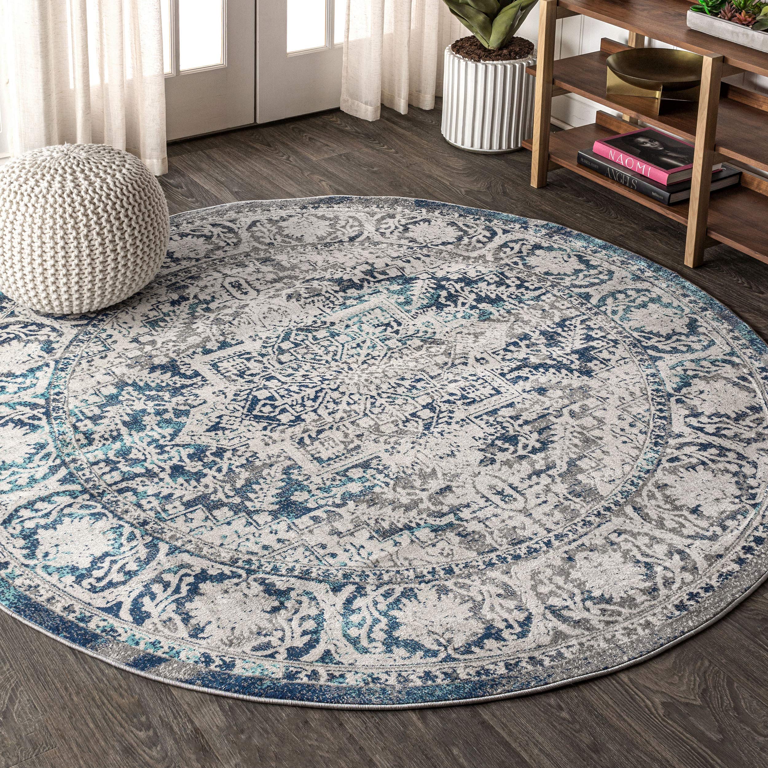 JONATHAN Y Modern Vintage Medallion Navy/Light Gray 9' Round Indoor Area Rug, Country, Floral, Easy-Cleaning for Living Room, Bedroom, Kitchen, Pet Friendly, Non-Shedding (MDP100B-9R) Image