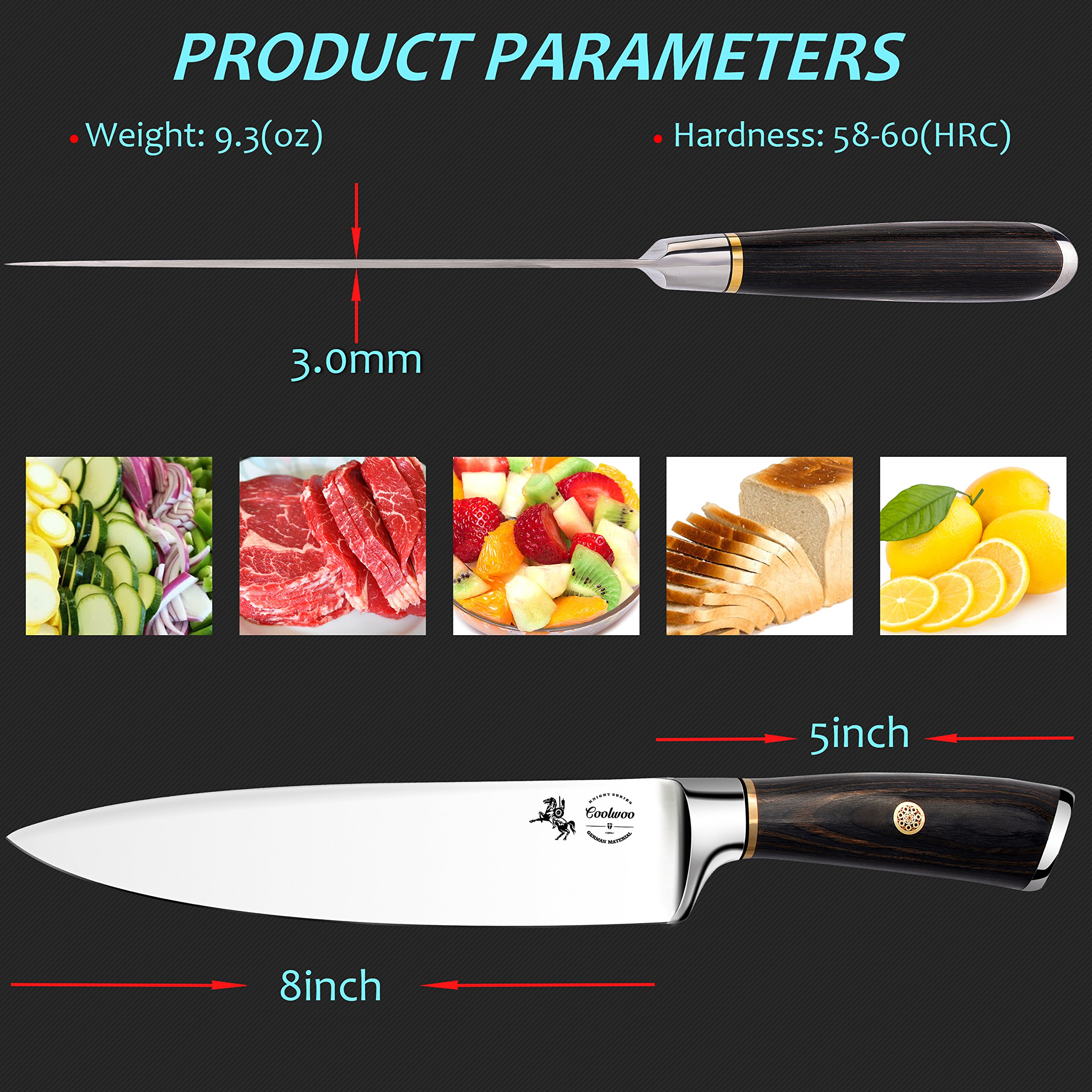 Küchenmesser, Profi 20cm Kochmesser ,Chefmesser, Gemüsemesser,Allzweckmesser, Kartoffelschälmesser aus hochwertigem Carbon Edelstahl,Extra Scharfe Messerklinge, Ergonomischer Holz-Griff